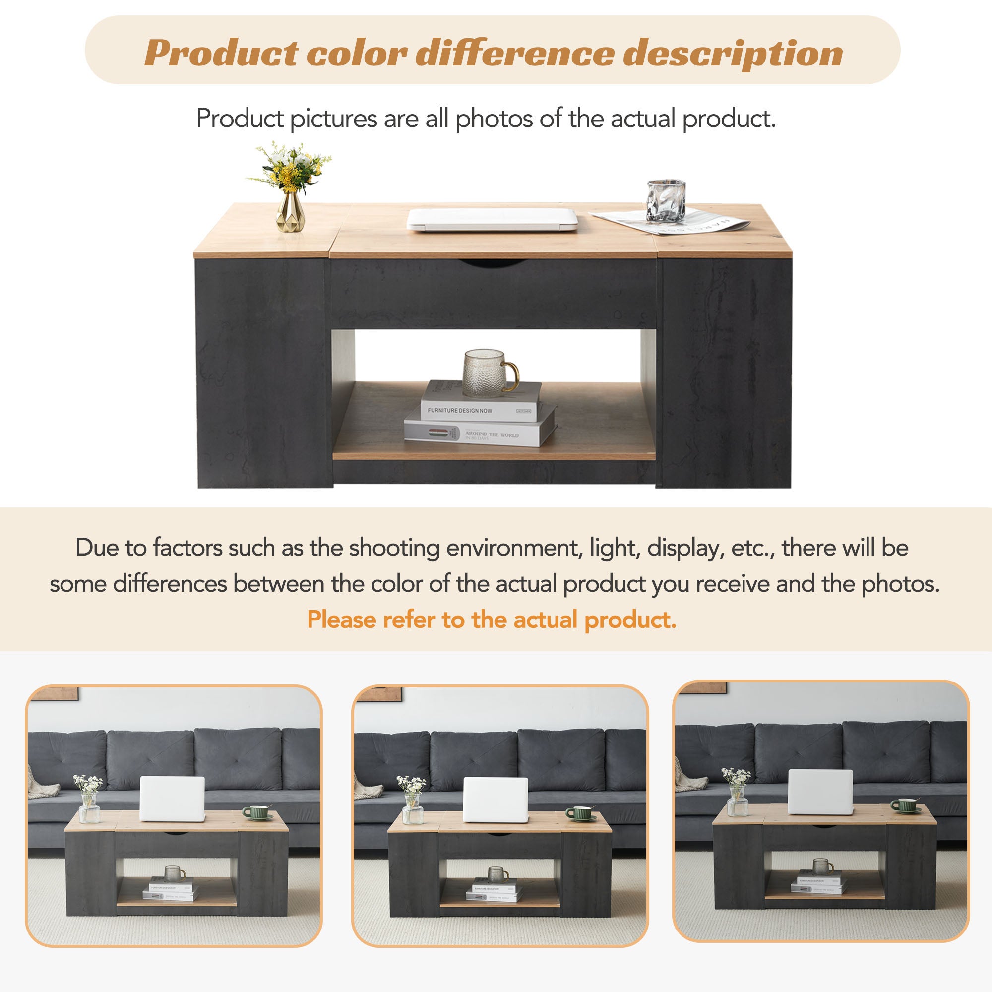 Table basse relevable en MDF - avec espace de rangement sous la table - gris - 9