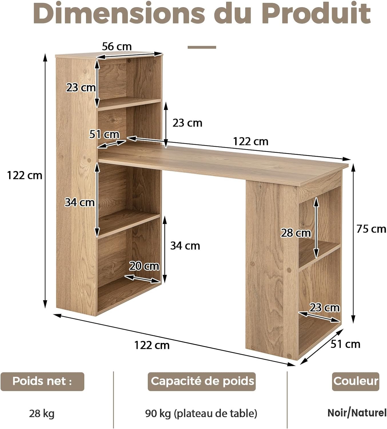 Bureau d'Ordinateur Réversible avec Bibliothèque,Assemblage Facile, pour Maison, Bureaux (Naturel) - 4