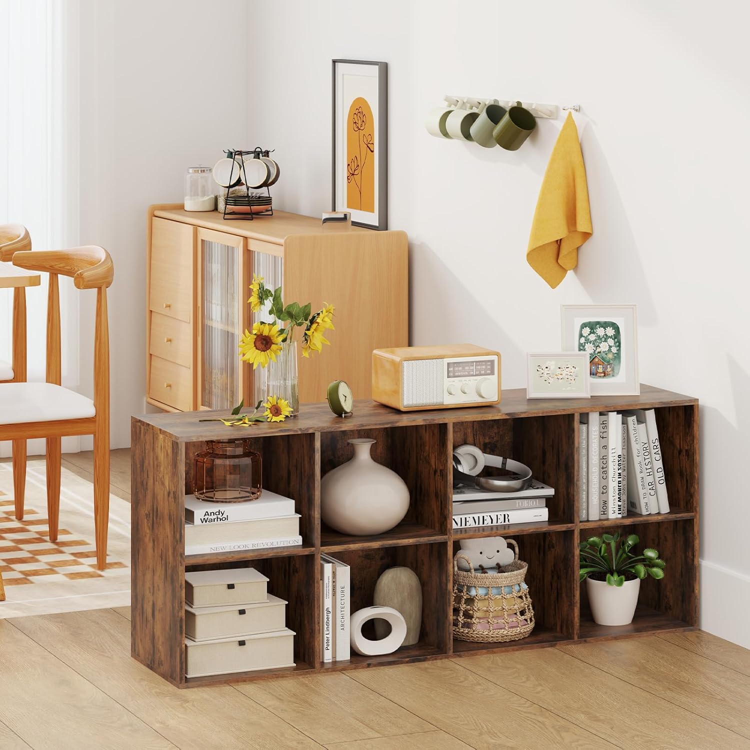 Bibliothèque d'Exposition à 2 Niveaux avec 8 Cubes, Étagère de Rangement Autoportante avec 2 Kits Antibasculement (Marron Rustique) - 4