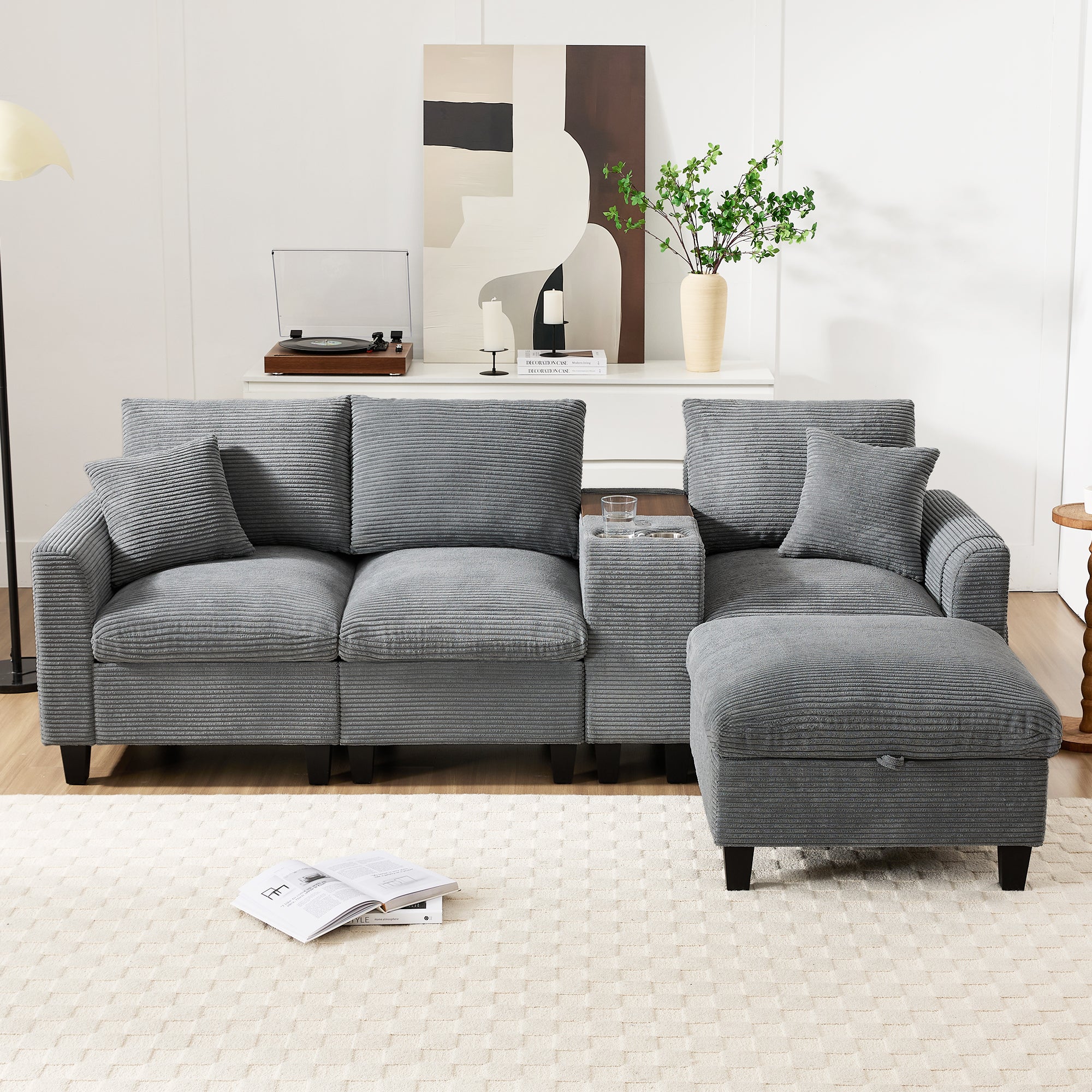 Canapé moderne - avec console - 2 porte-gobelets - port de chargement USB - poches de rangement sur les accoudoirs - avec coussins - gris - 4