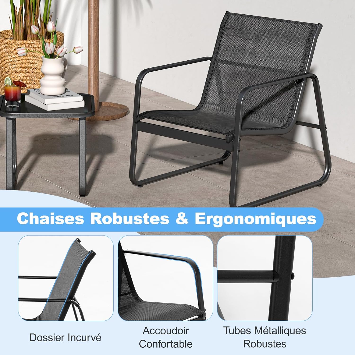 3Pcs Salon de Jardin 3 Personnes, Ensemble de 2 Chaises et de Table Basse en Verre Trempé, Salon de Bistrot avec Cadre Métallique - 9