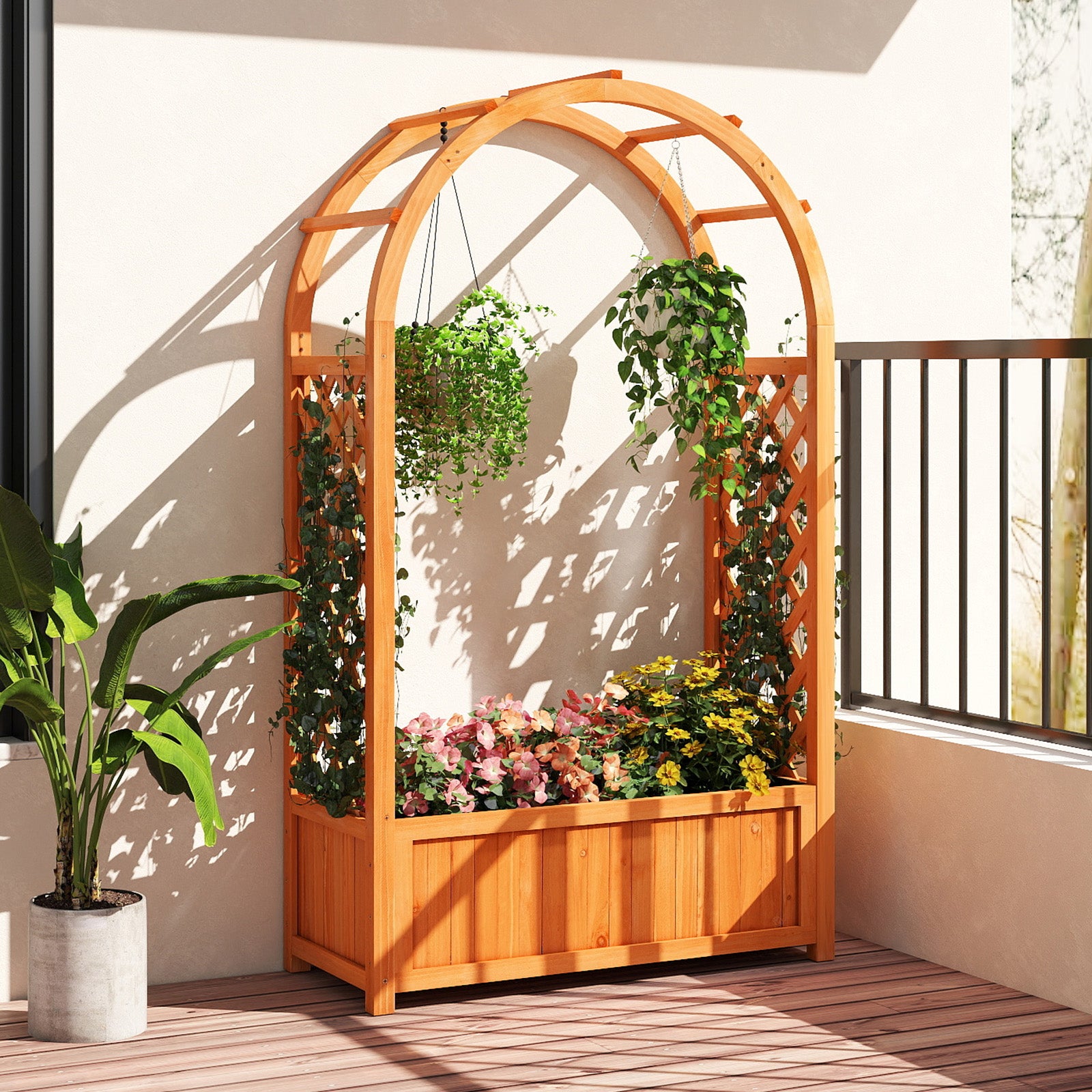 Jardinière Élevée avec Treillis en Arc, Bac à Plantes en Bois avec Doublure et Système de Drainage pour Vignes, Rampantes, Fleurs, Légumes - 2