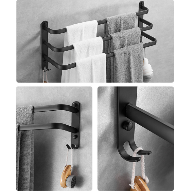 Toallero de Aluminio Negro - Soporte de Pared Sin Taladro, 3 Barras de 50cm,Toallero de Pared,Toallero de Pared - 3