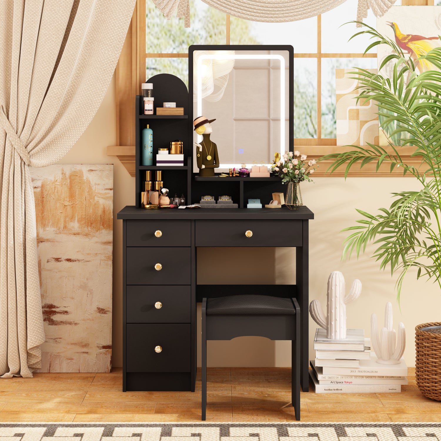 Coiffeuse Noire avec Miroir et Tabouret, Table de Maquillage avec ...