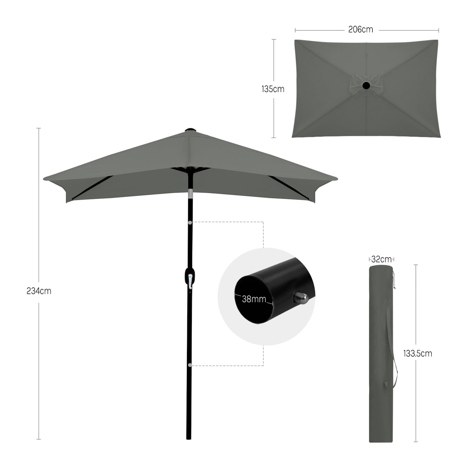 Parasol de Jardin Inclinable WOLTU, Parasol Rectangulaire inclinable de Jardin, 206x135cm, Gris Foncé - 4