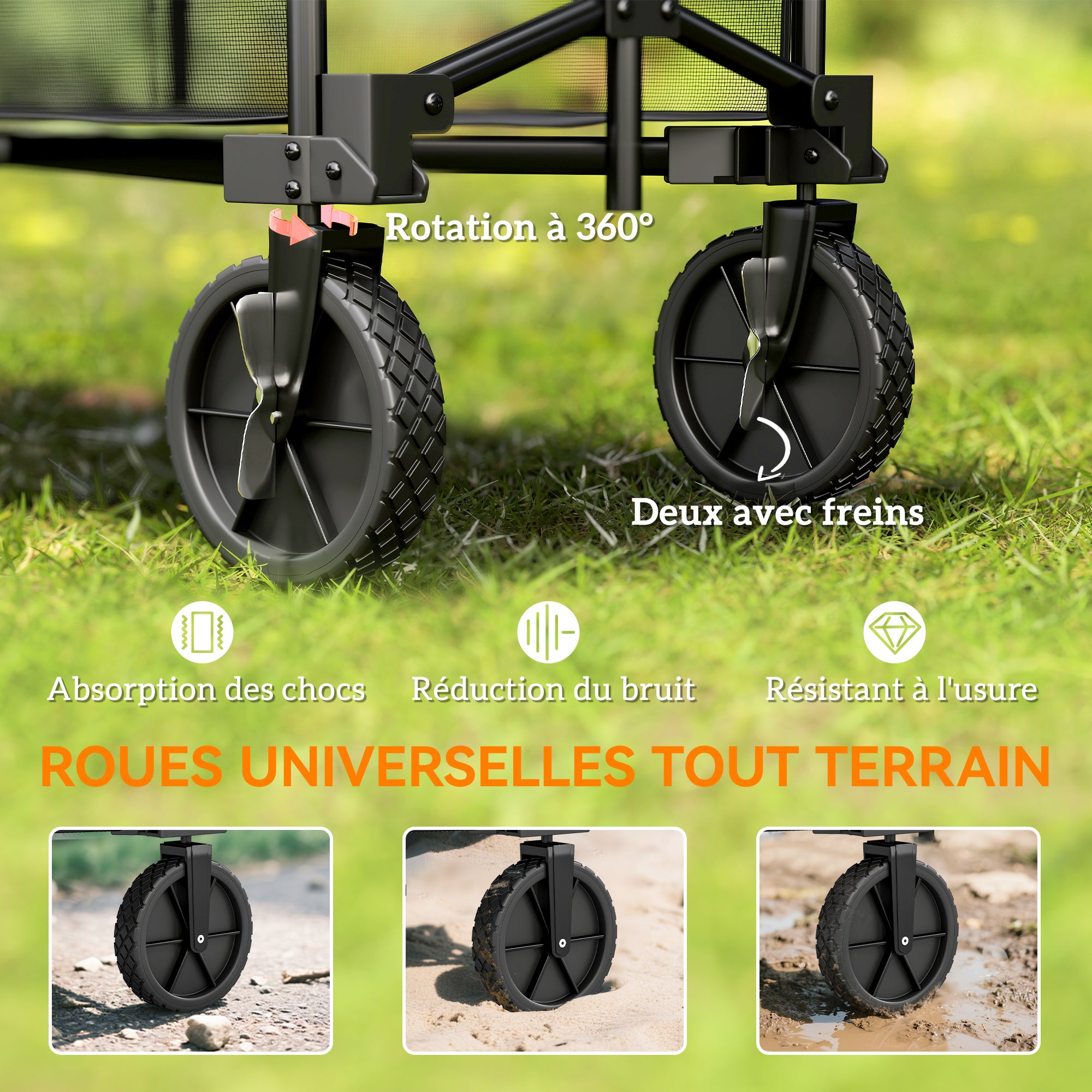 Chariot de jardin - Outsunny - pliable - 350L charge max 200 kg - deux étages - avec roues tout terrain - pour extérieur - noir - 5