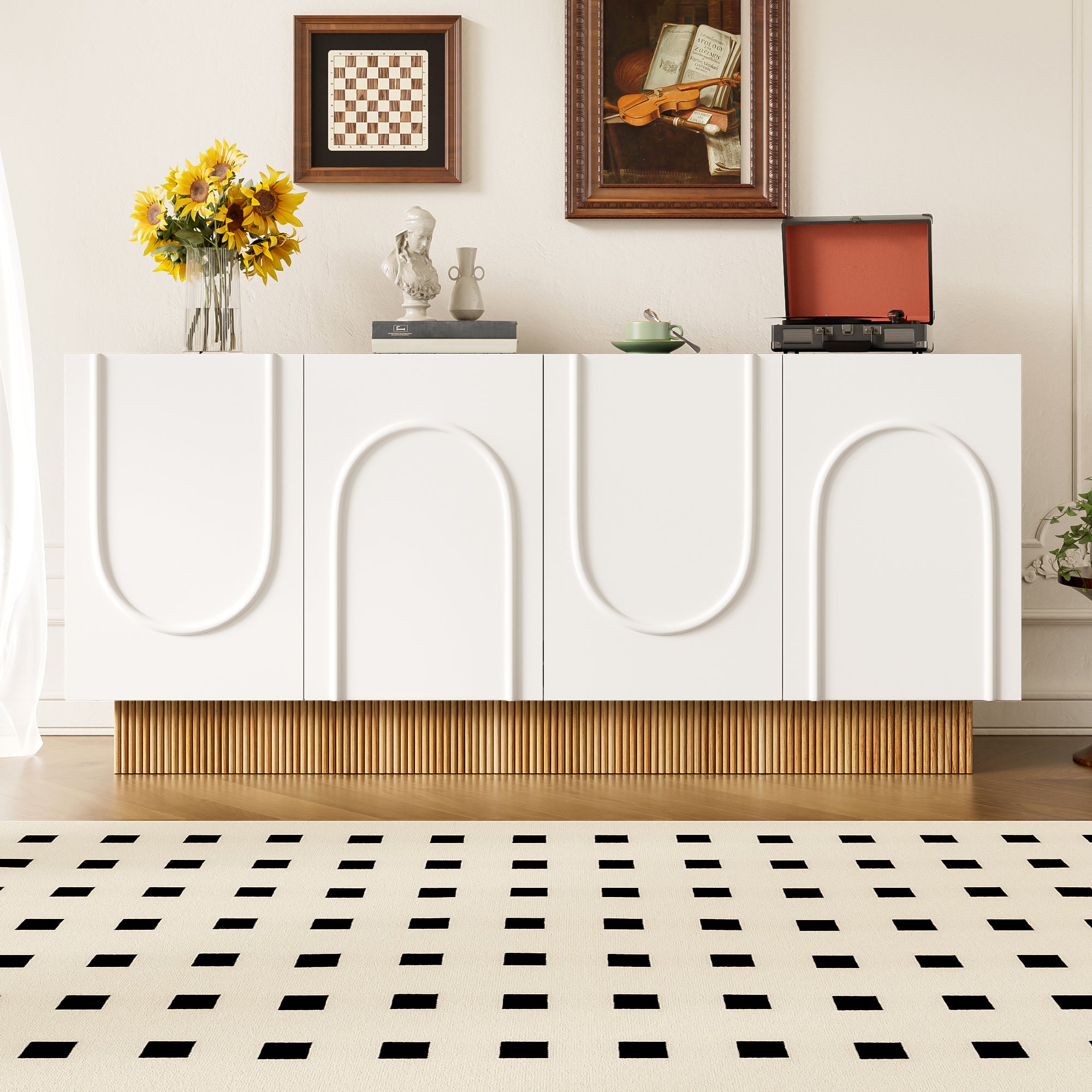 Buffet moderne avec 4 portes - 160 x 75 x 38 cm - Panneau de particules - pour salon, salle à manger - Blanc et bois - 6