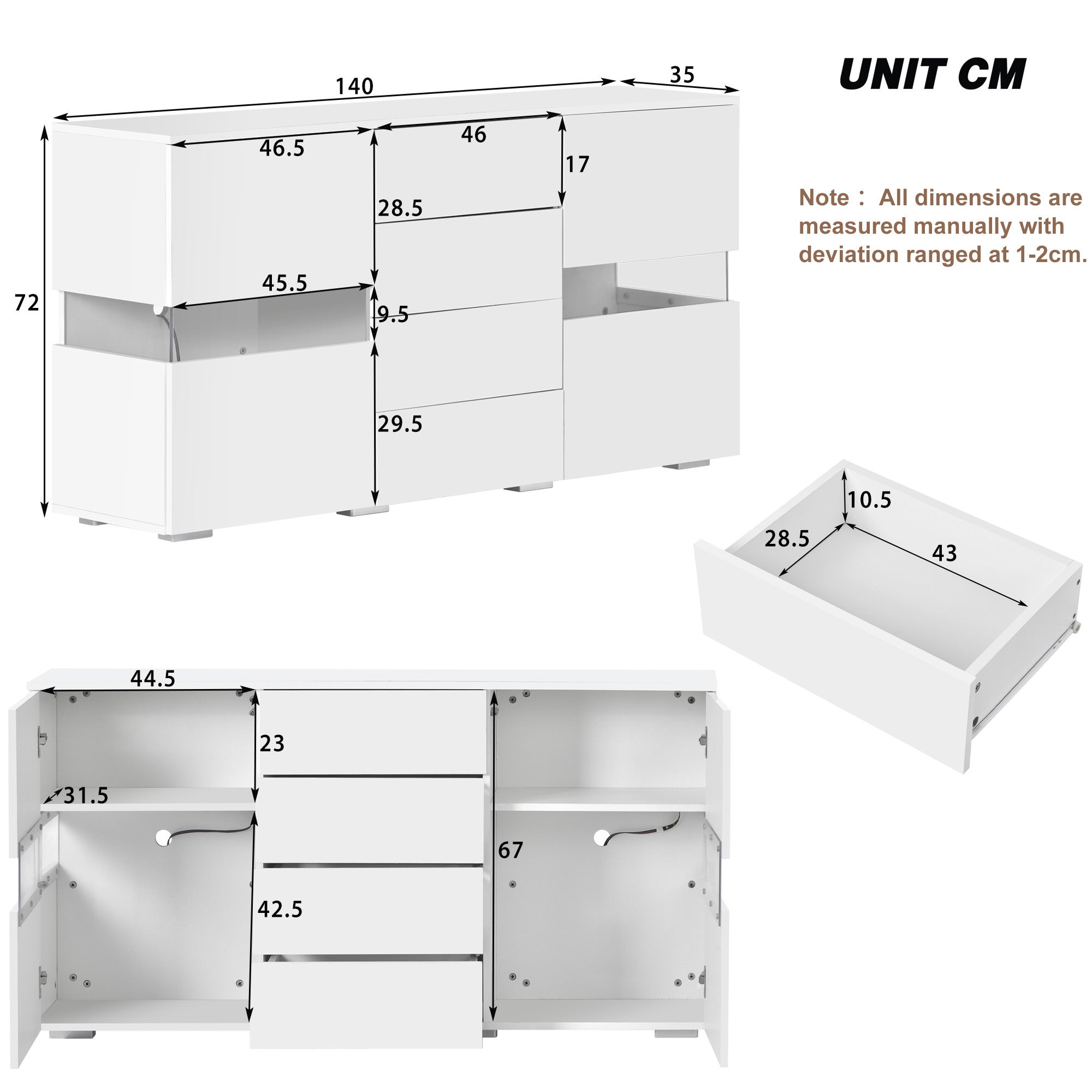 Komoda niska z 4 szufladami i 2 drzwiami - 145 x 35 x 72 cm - LED - do jadalni lub salonu - MDF - biała - 5
