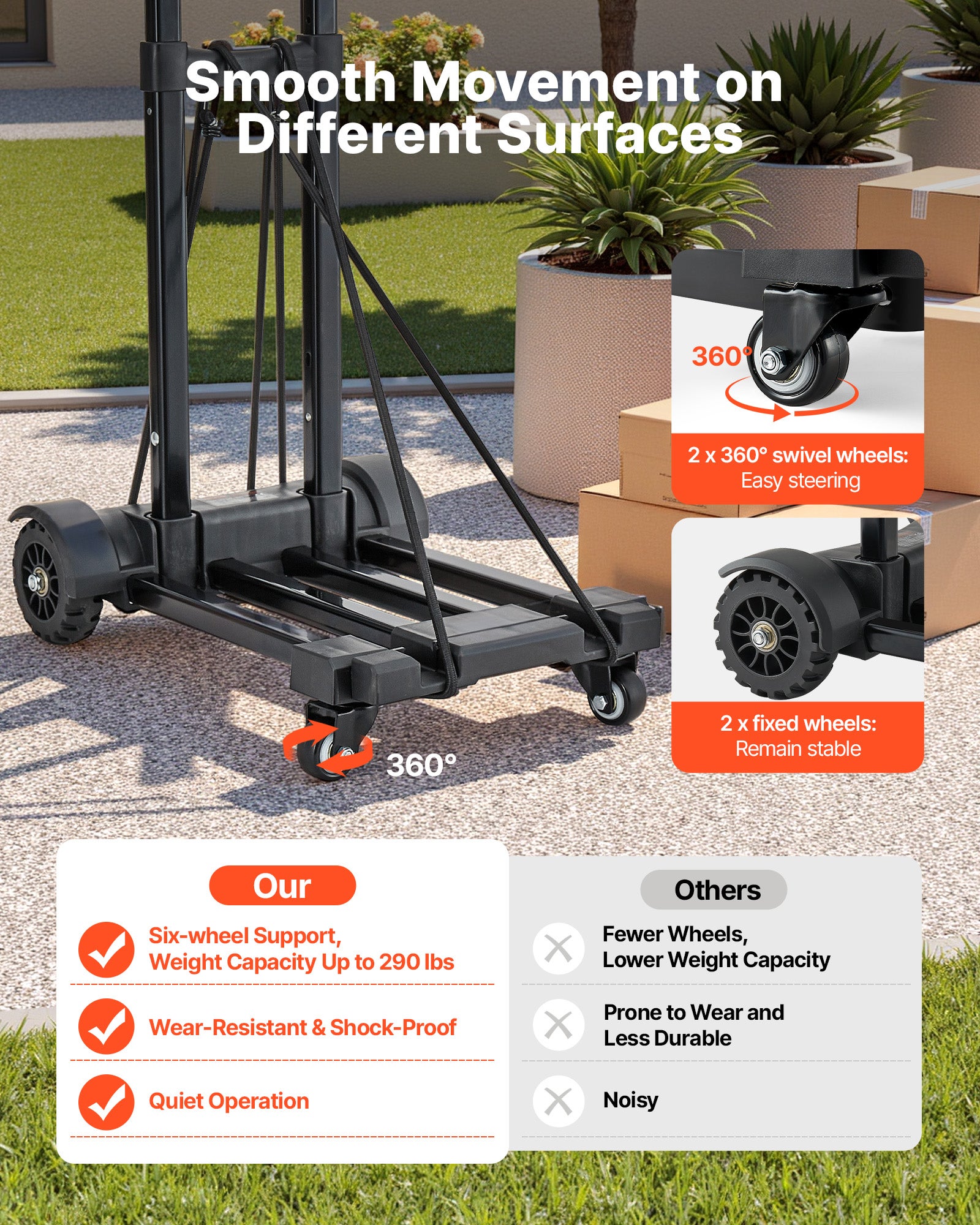 Carrinho dobrável 4 rodas VEVOR, capacidade 131,5 kg, 2 cordas elásticas, base extensível, carrinho utilitário para mudança, escritório, preto - 5