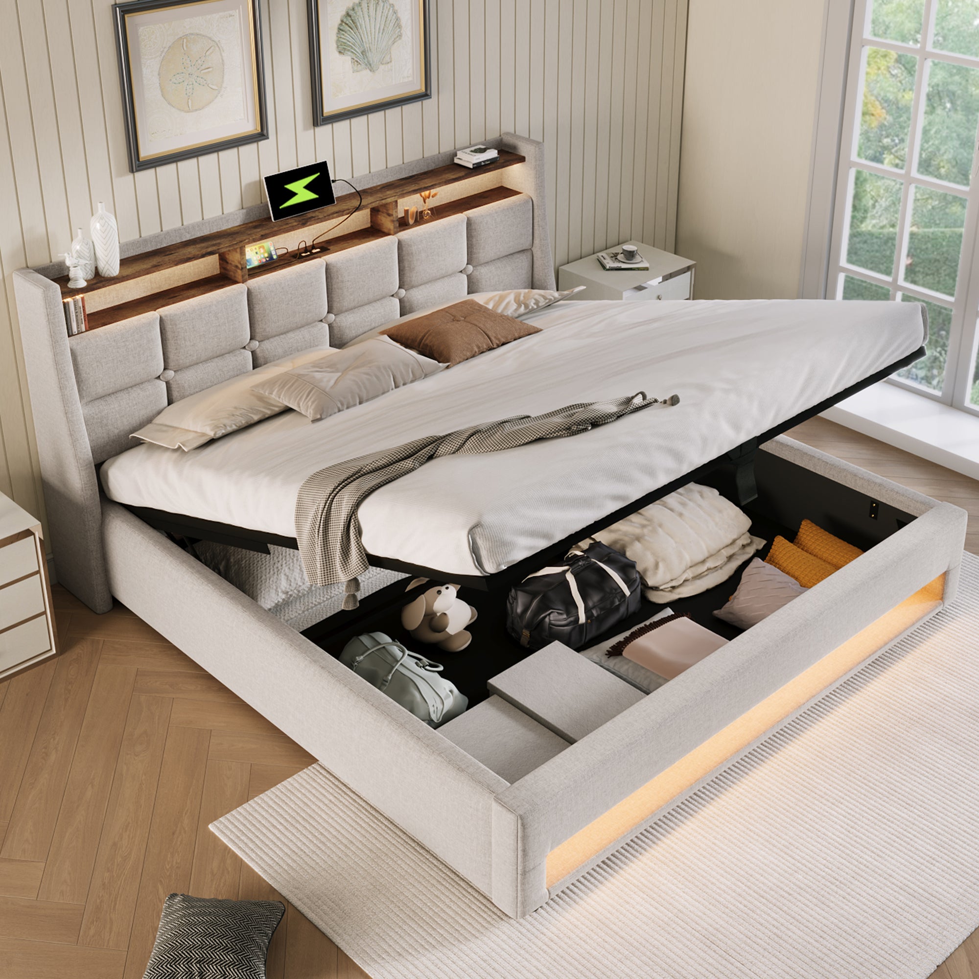 Cama con almacenaje de lino 160x200 cm con LED y puertos USB - somier - beige - 3