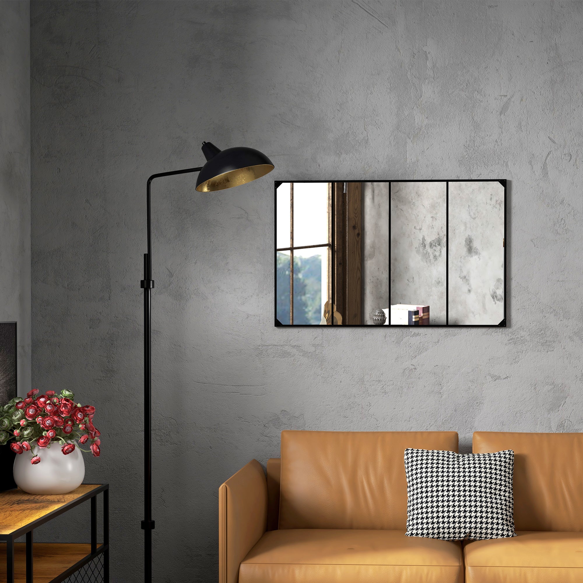 Miroir mural verrière rectangulaire style industriel,horizontal ou vertical avec 4 crochets,en métal noir 109x69cm - 4