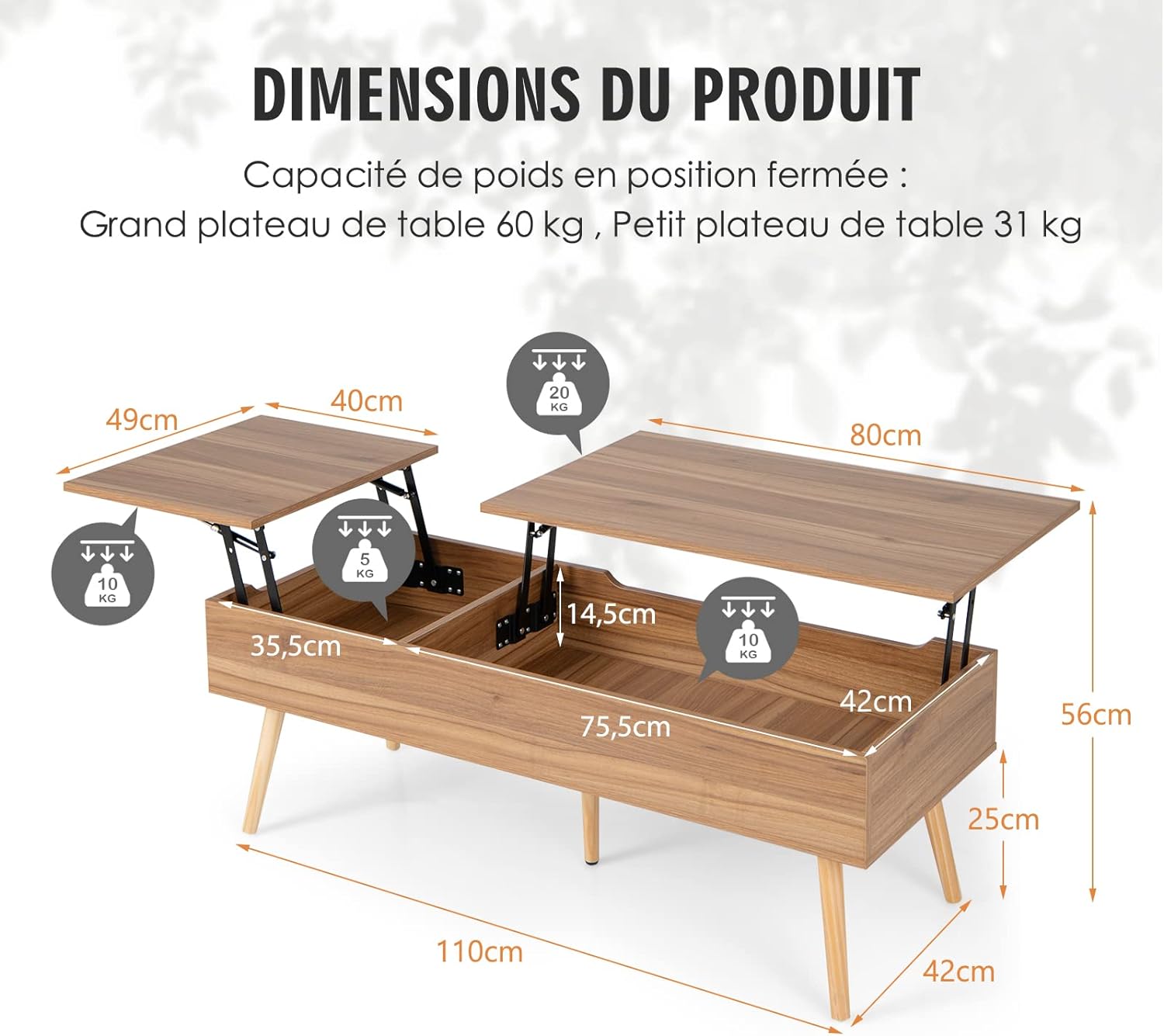 Table Basse Relevable-145x74,5x57cm-2 Plateaux Relevables Séparés-2 Compartiments Cachés-5 Pieds en Bois Solide- Style Moderne-Noyer - 4