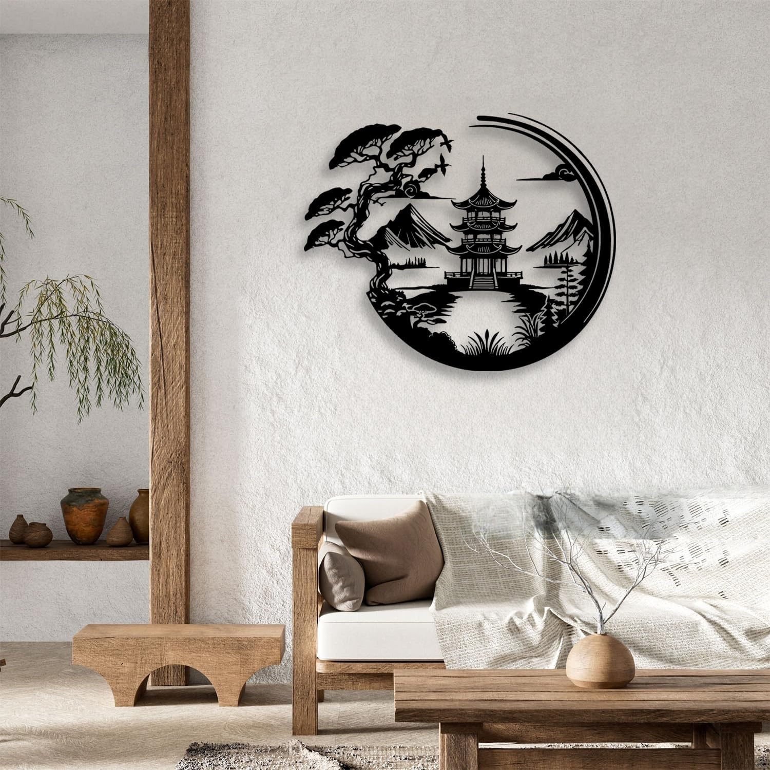 Bonsaï Tree Torii Gate – Décoration murale en métal – Décoration de chambre de style japonais – Décoration d'intérieur (noir) - 4