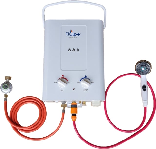 TTulpe Outdoor HD-6 P50 blanc, chauffe-eau portable instantané, gaz propane, allumage par piles, Bas Nox
