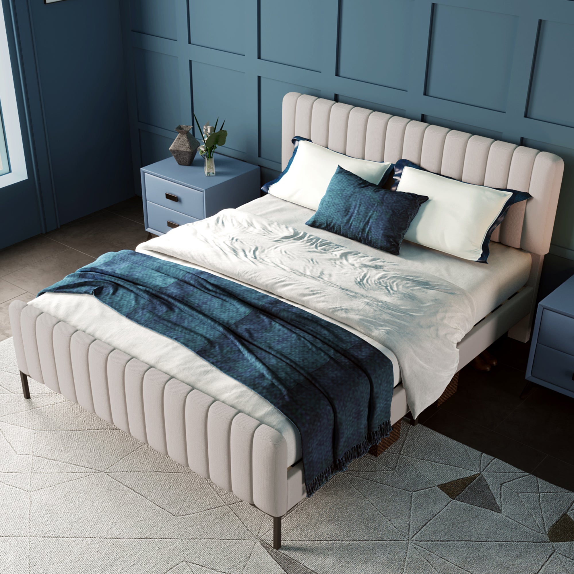 Lit double capitonné 160 x 200 cm, avec sommier à lattes et tête de lit réglable, lit capitonné gris-beige, tissu en lin - 2