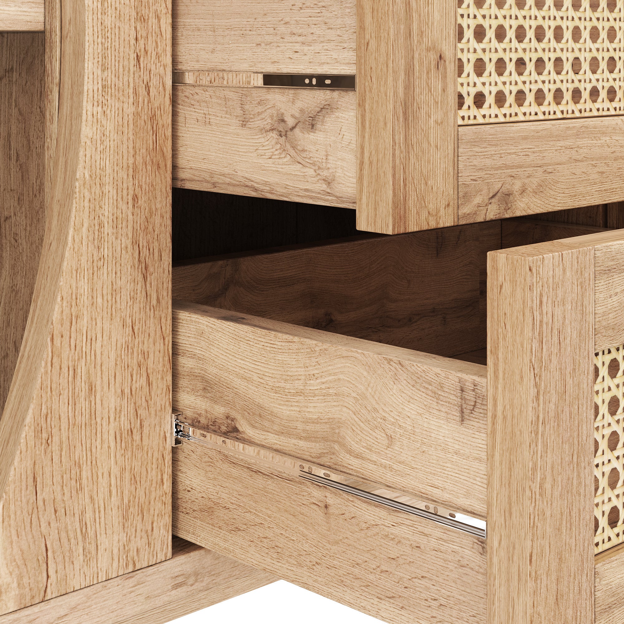 Buffet bas avec 3 tiroirs et 2 portes coulissantes en rotin - 140.5 x 40 x 76 cm - Panneaux de particules - Naturel - 8