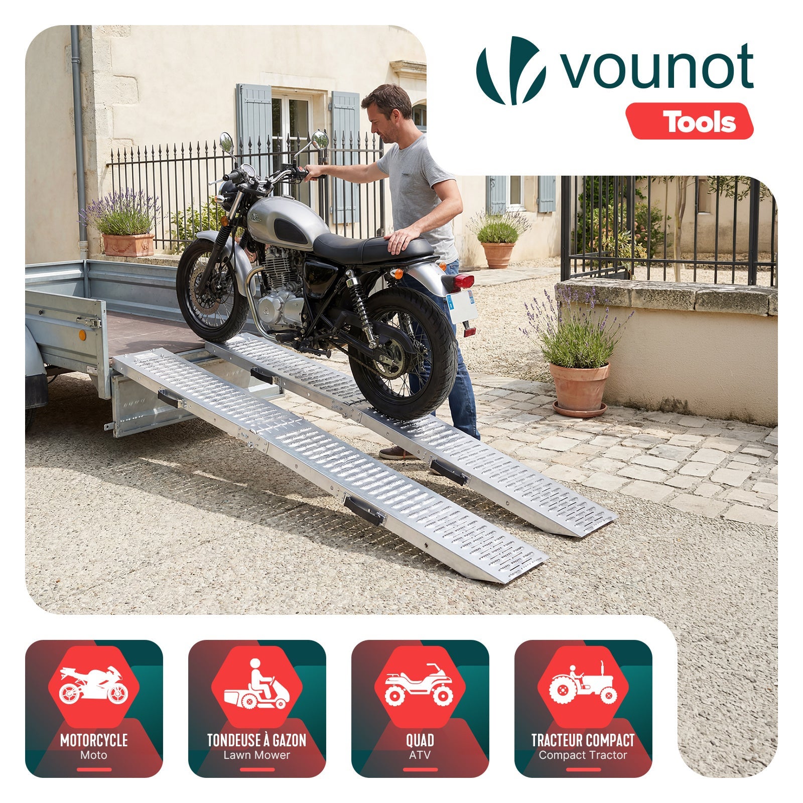 Lot de 2 Rampes de chargement pliable 160cm en acier galvanisé - 400kg max - Rampe d'accès antidérapante avec poignée - VOUNOT® - 2