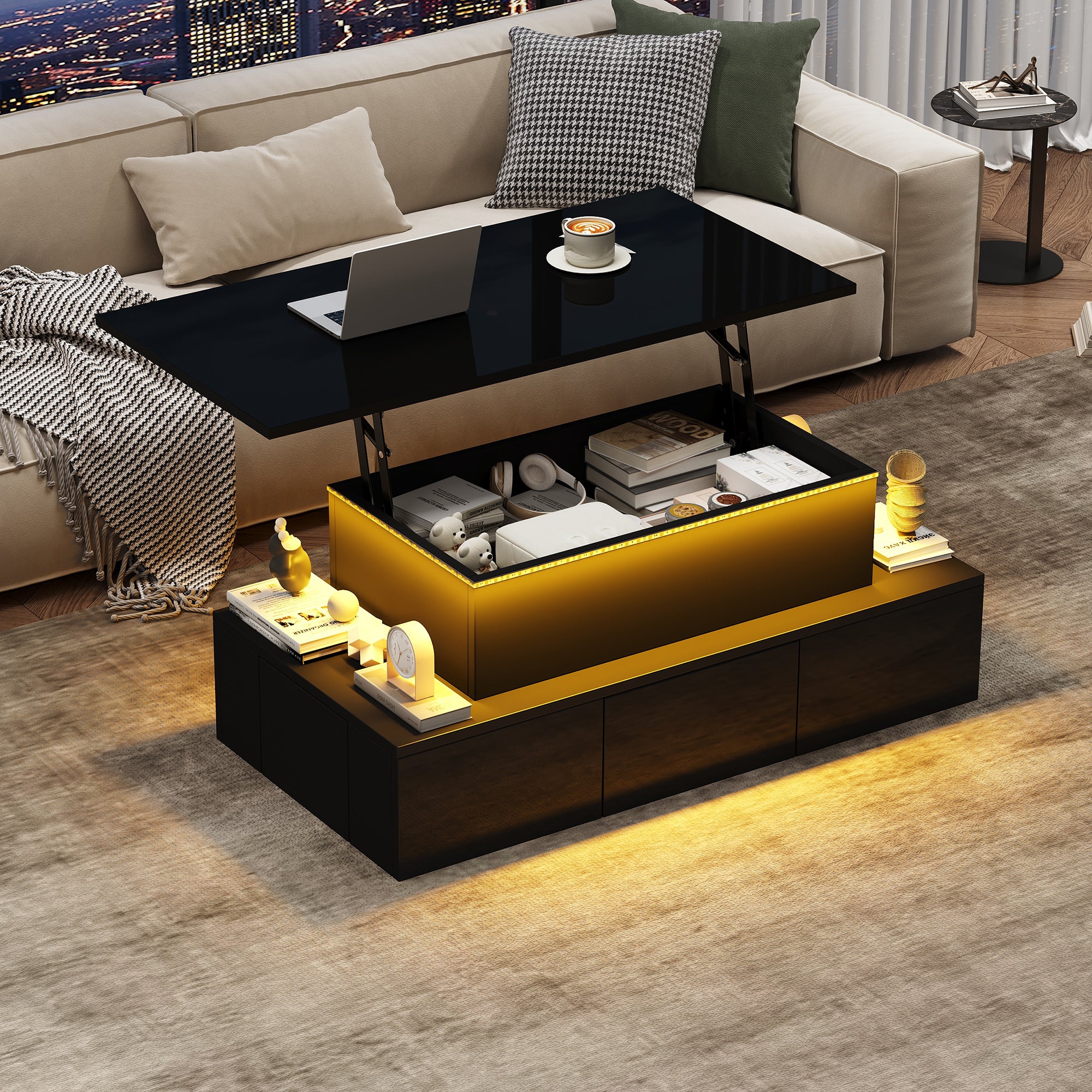 Stolik kawowy z podnoszonym blatem 100x50x40 cm - z 4 szufladami - z oświetleniem LED - ukryty schowek - płyta MDF - czarny