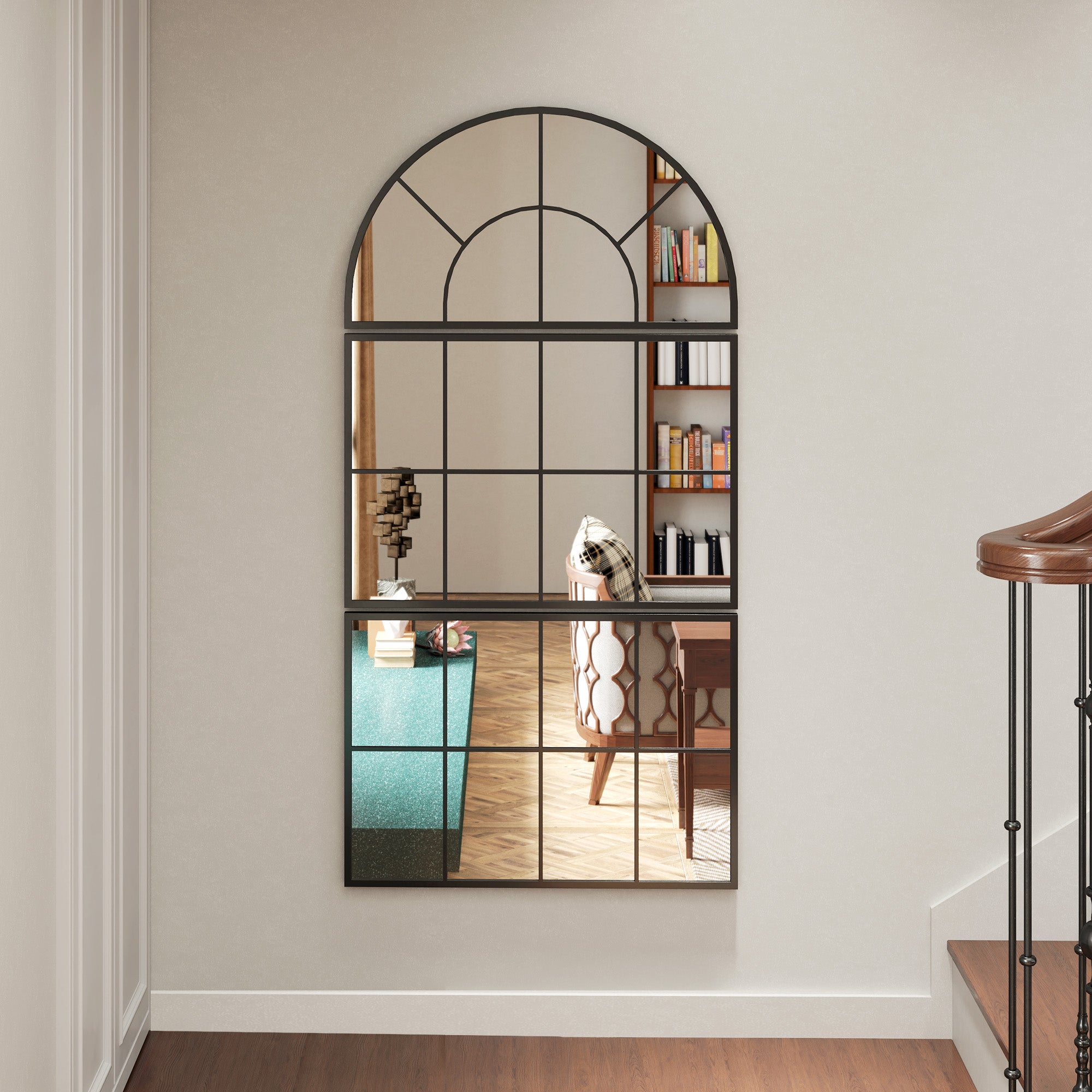 Espejo de pared de tres piezas, espejo arqueado con marco de metal, espejo decorativo para ventana, espejo colgante para baño, sala de estar, negro - 6