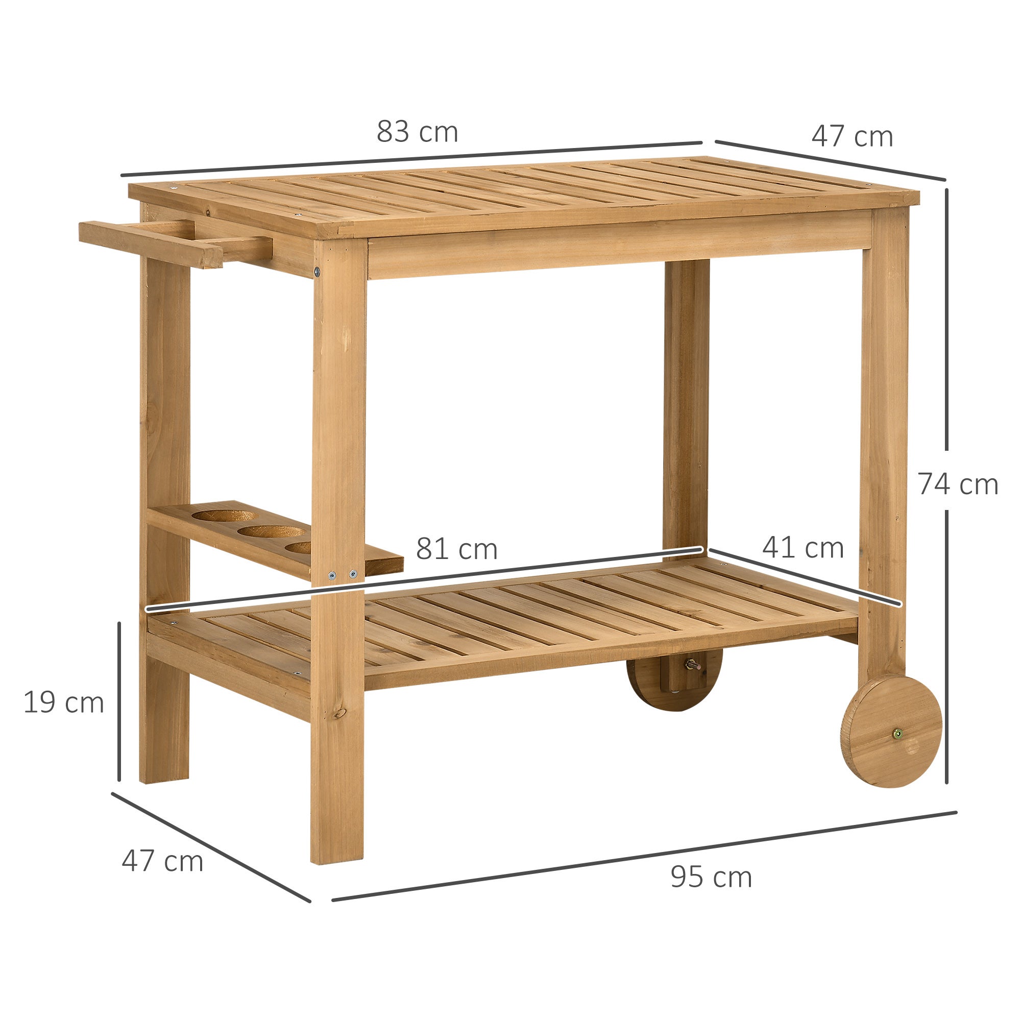 Desserte de jardin chariot pour plancha barbecue en bois avec poignée 2 plateaux et porte-bouteilles 95 x 47 x 74 cm - 5