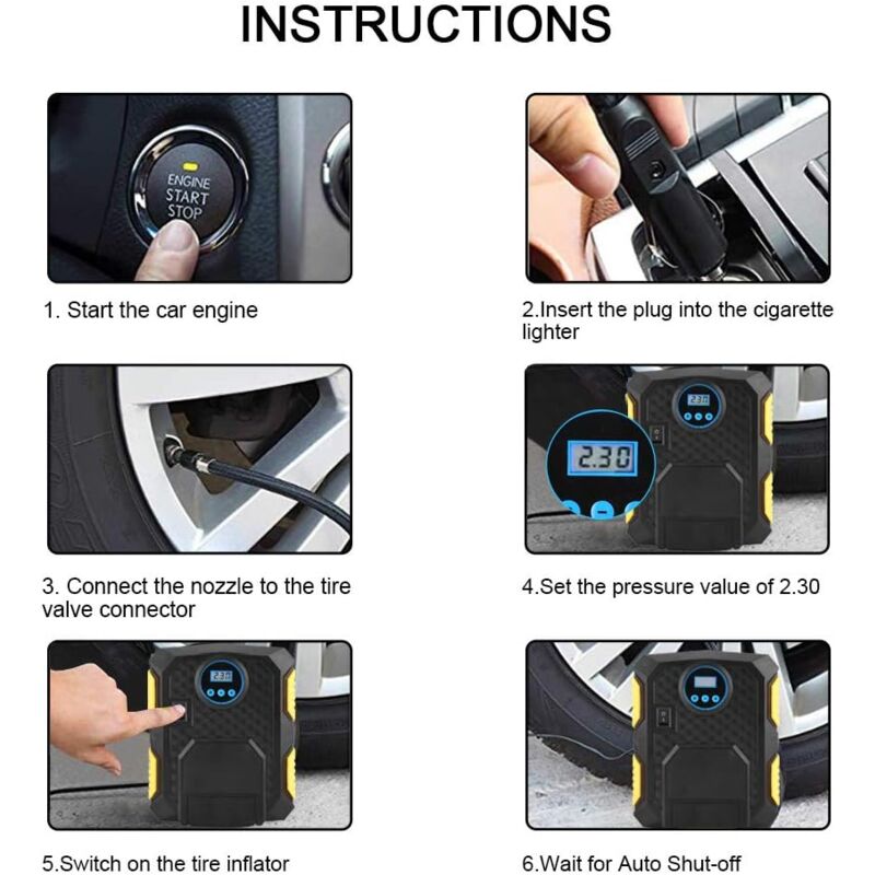 Compresseur d'air portable 12V 150PSI - Gonfleur de pneu de voiture - Écran LCD - LED - 3 adaptateurs - 4