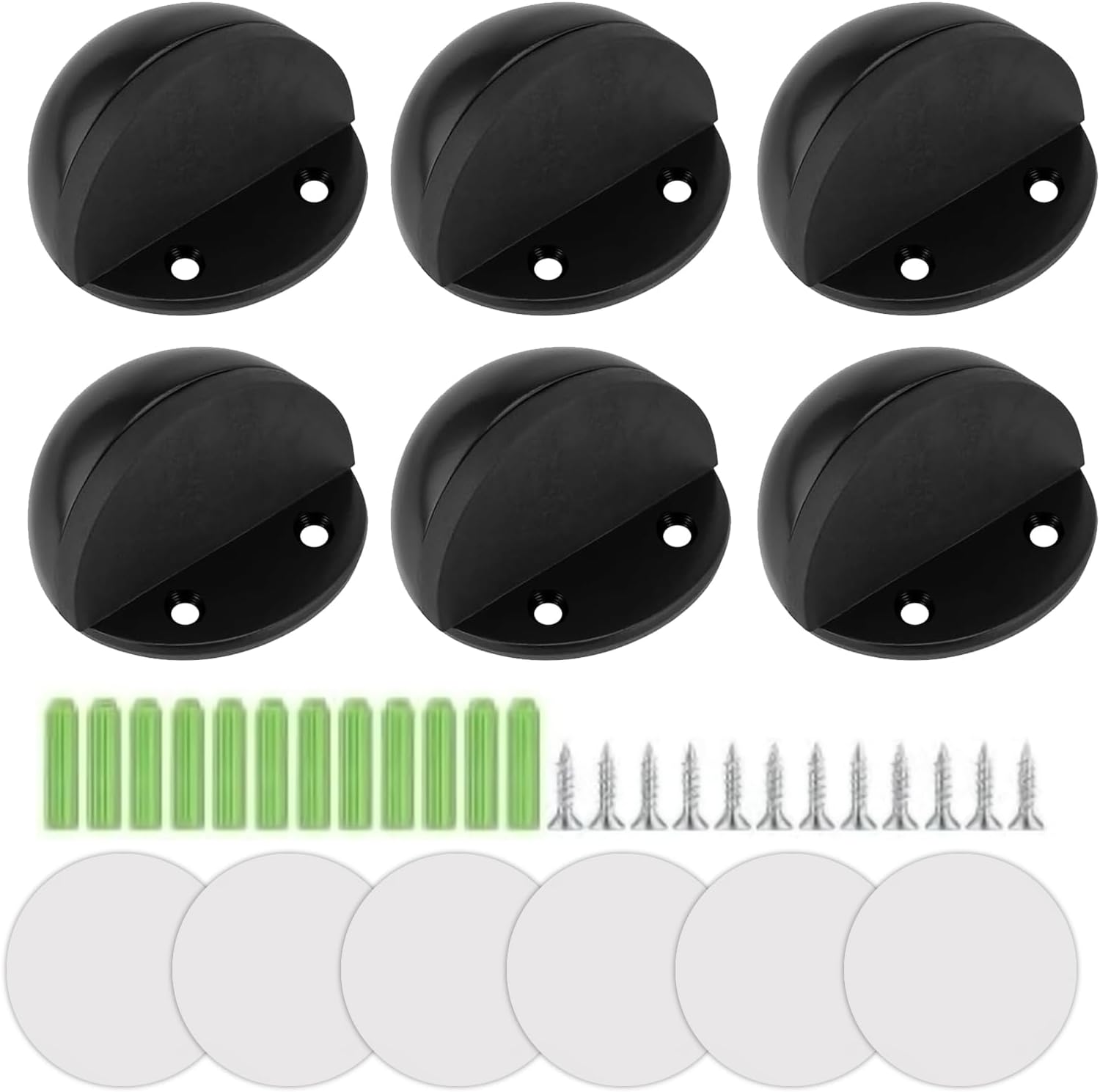 Zestaw 6 ograniczników do drzwi z gumowymi odbojnikami, klejem i śrubami – do twardych podłóg i drzwi.