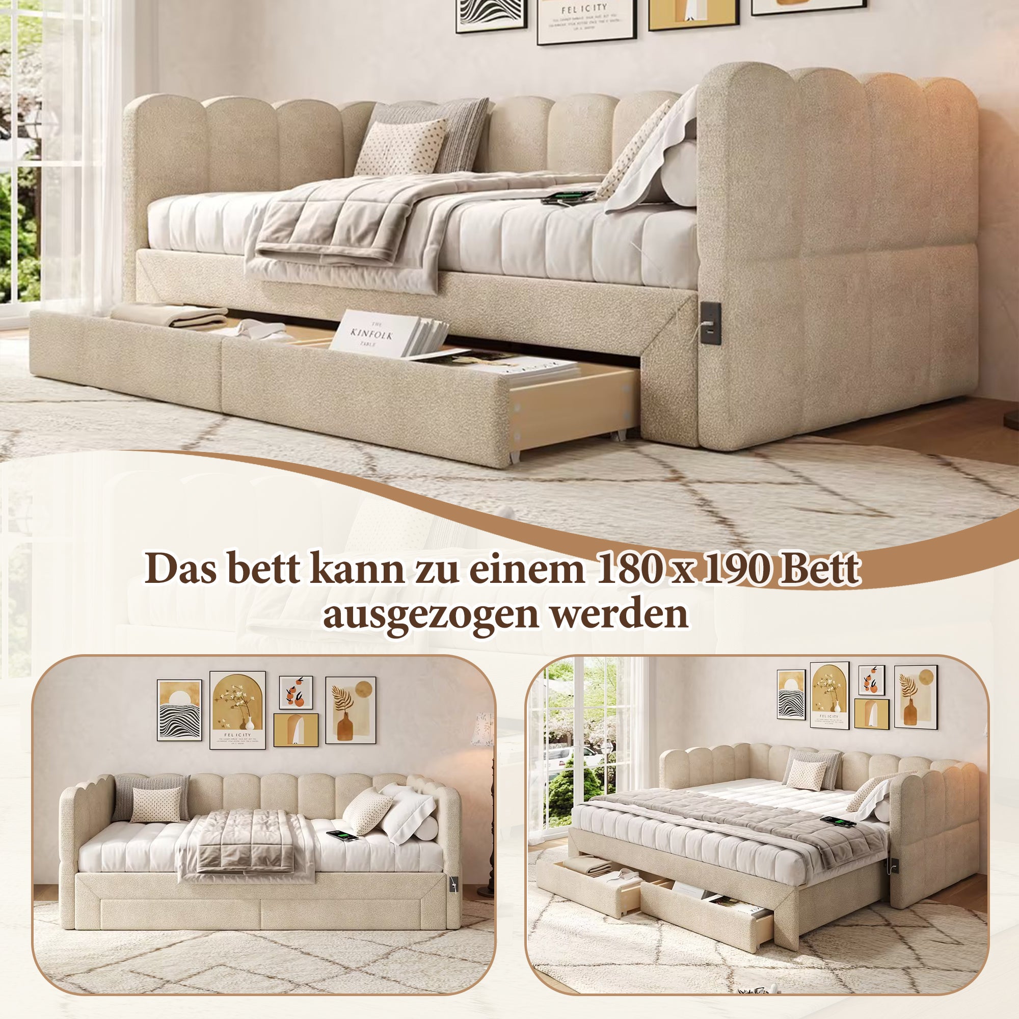 Łóżko wysuwane 90/180 x 190 cm z 2 szufladami, sofa rozkładana - tkanina szenilowa - port USB - beżowy (materac nie jest wliczony w cenę) - 5