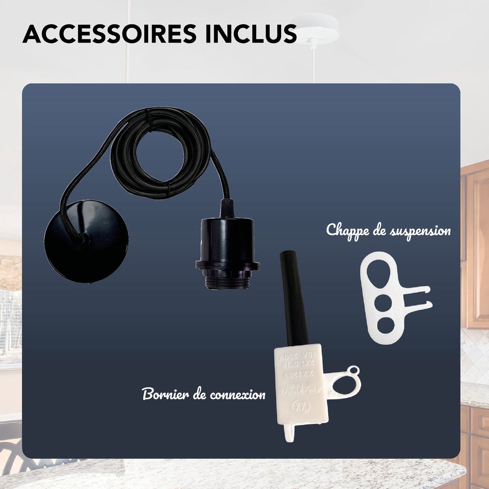 Monture suspension luminaire métal noire, câble tissu, équipée d'une douille E27 pour abat jour, 60W maxi - Tibelec - 2