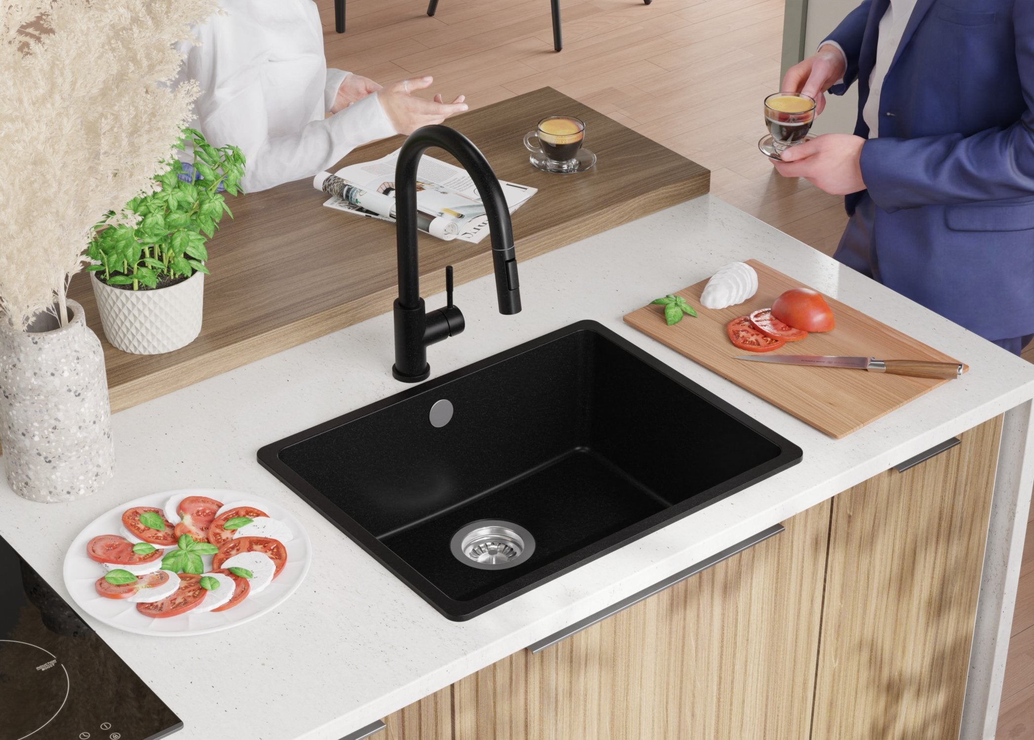 Lavandino da Cucina Nero 56x44cm, Lavello in Granito a 1 vasca + Sifone Classico + Accessori, Lavabo da Cucina Incasso al mobile 60cm PRIMAGRAN - 4