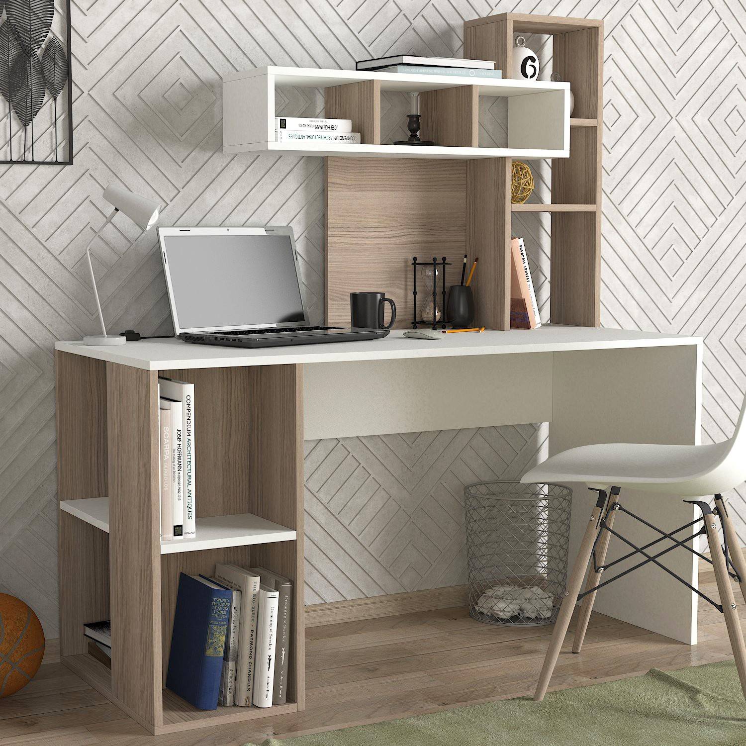 Bureau avec étagère intégré Cicero Bois Naturel et Blanc | Leroy Merlin