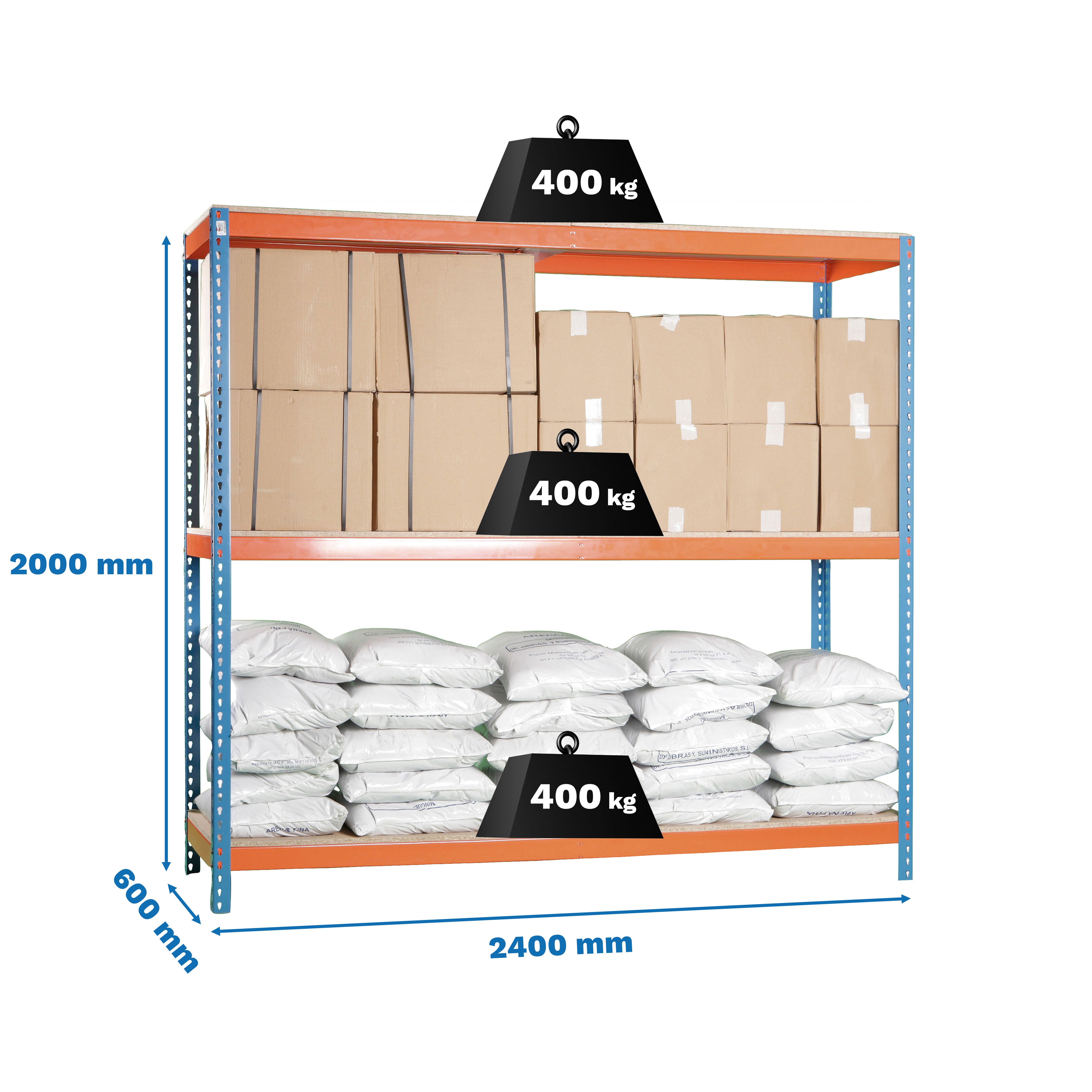 SimonRack Rayonnage Industriel 2000x2400x600, 3 Niveaux en Bois, 400 kg par Niveau, Structure Acier 1,6 mm, Bleu/Orange/Bois - Simonforte - 2