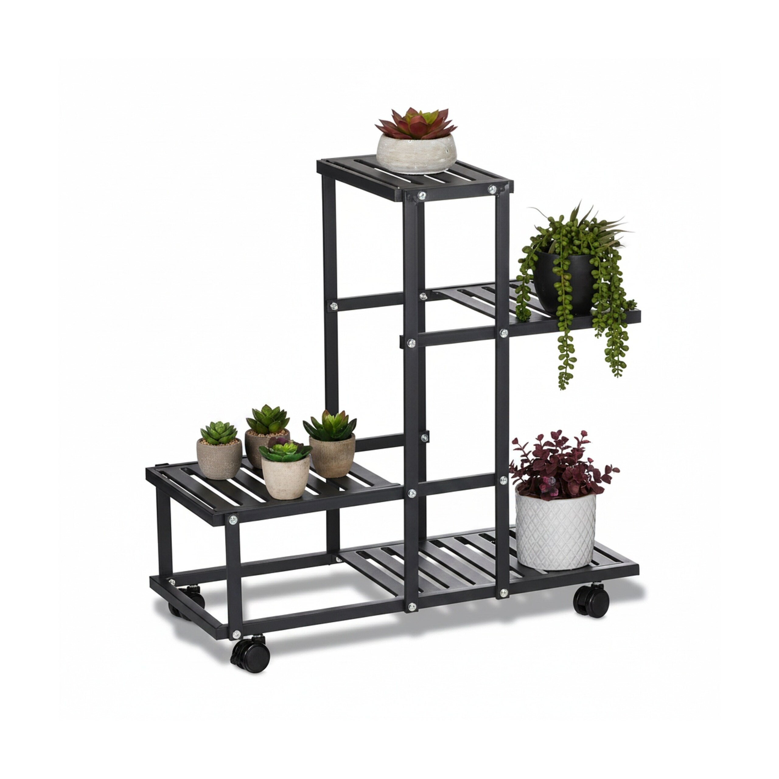 Scaffale Portapiante con Rotelle, 60,5 x 61,5 x 26 cm, a 4 Ripiani, in Acciaio, Portafiori e Portavasi, Nero, Relaxdays - 8