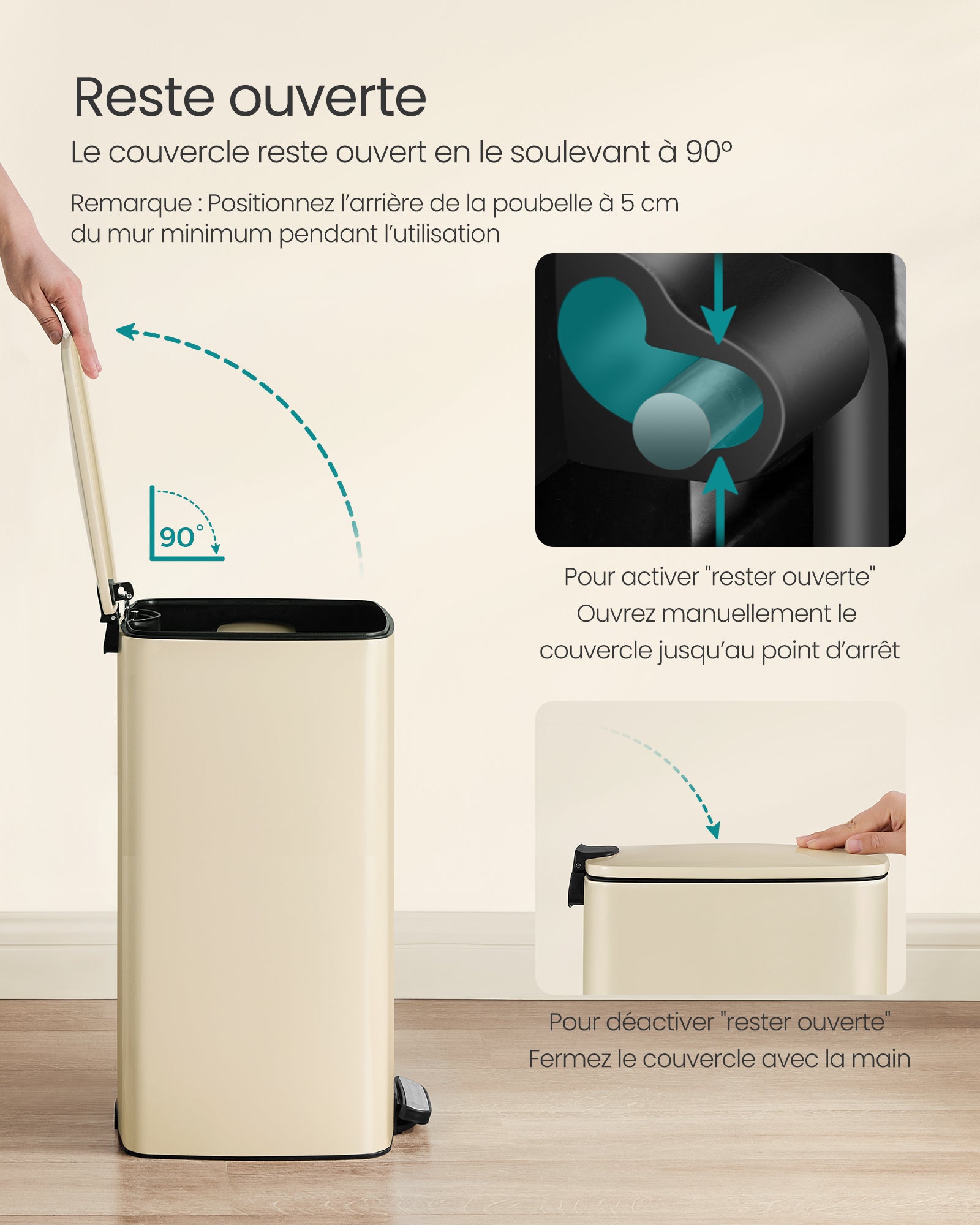 Poubelle de Cuisine, Poubelle 30 L, Poubelle à Pédale en Acier, avec Seau Intérieur, Fermeture Douce et Maintien en Ouverture, Beige Sable - 7