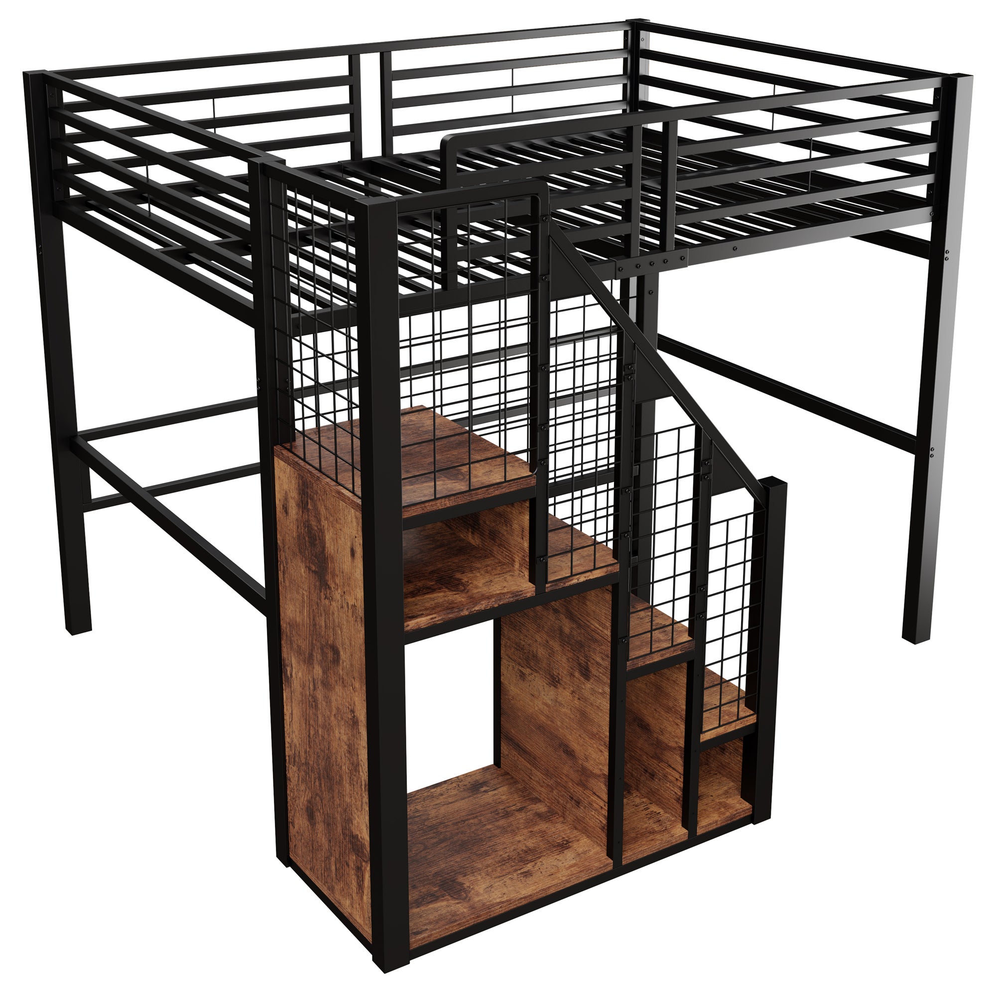 Lit mezzanine double 140×200cm, Avec espace de rangement, Lit enfant en fer, avec escalier de sécurité et garde-corps, Noir (matelas non inclus) - 6