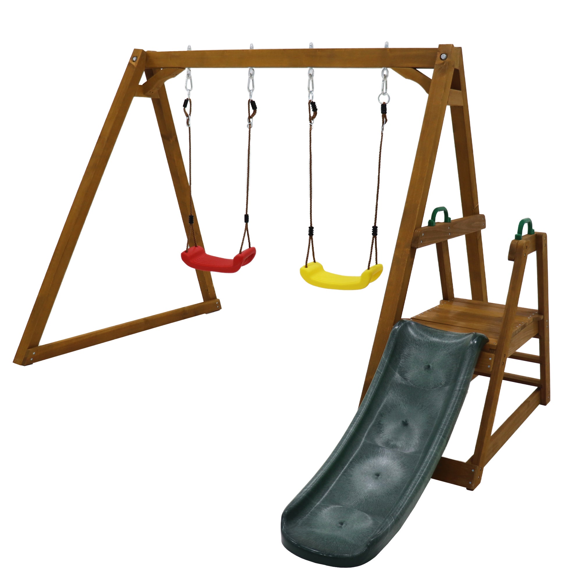 Balançoire double pour enfants avec toboggan + échelle | Structure en bois massif d'extérieur | 238x240x168 cm - 2
