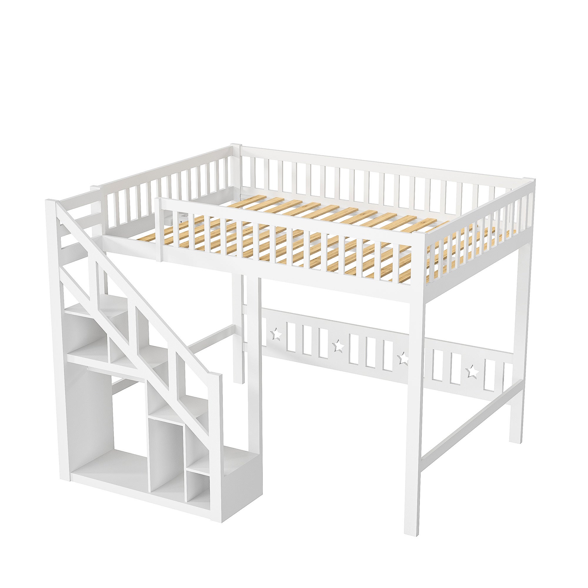 Lit mezzanine 90x200cm - lit enfant avec escalier avec meuble de rangement - en bois massif - clôture haut - blanc - 3