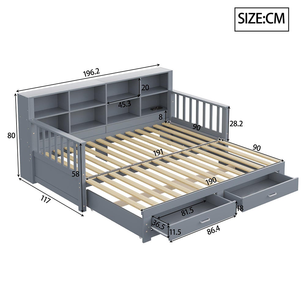 Lit combiné lit extensible bois massif 90/180x190 cm armoire de rangement avec 2 tiroirs en pin gris - 7