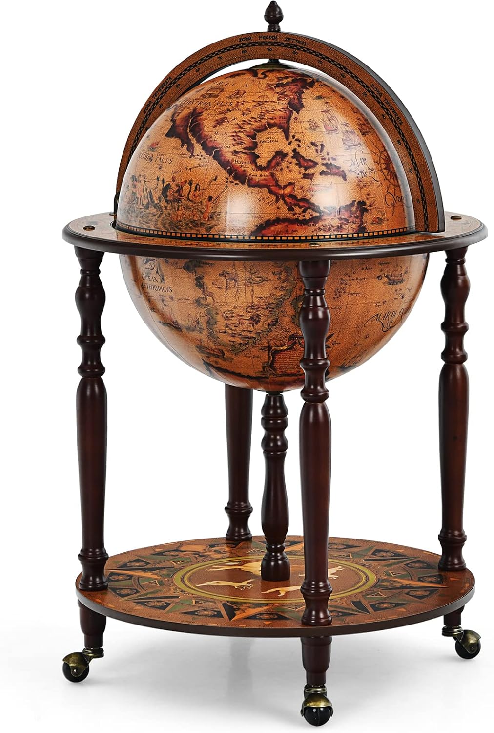 Bar Globe Terrestre Mappemonde a Vin en Bois Rack,Cabinet Globe Italien du 16e Siecle avec 4 Pieds,Porte-Bouteille Mini Bar, (Marron) - 5