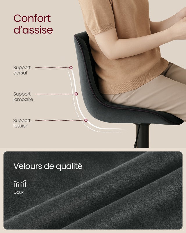 Lot de 2 Tabourets de Bar, Pivotants, Réglables en Hauteur, Dossier Ergonomique, Velours,Modernes, pour Îlot de Cuisine, Bar, Gris Anthracite - 3