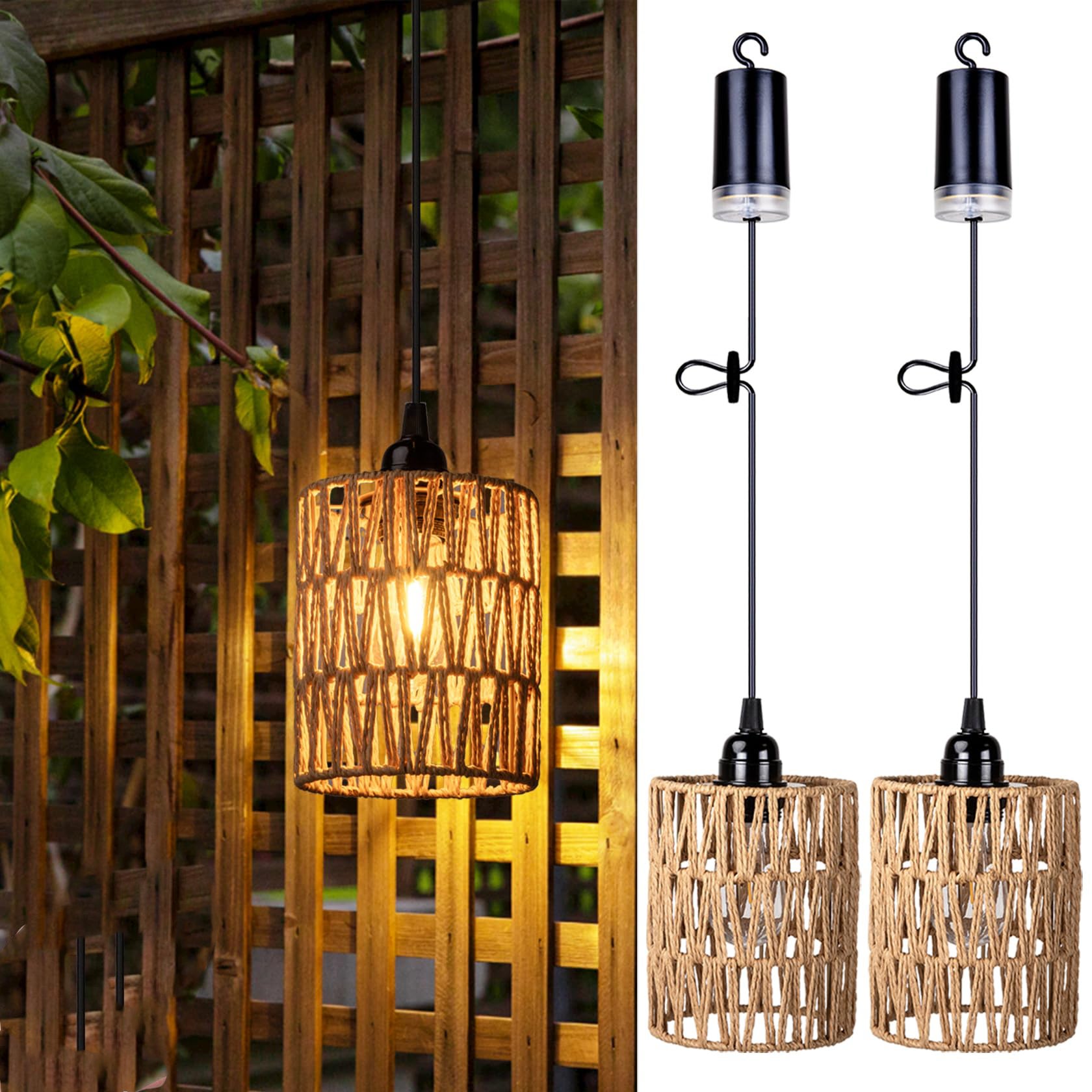 Zestaw 20 zasilanych bateryjnie lamp wiszących z żarówką LED, rattanowym kloszem, wodoodporną latarnią, bambusową lampą ścienną