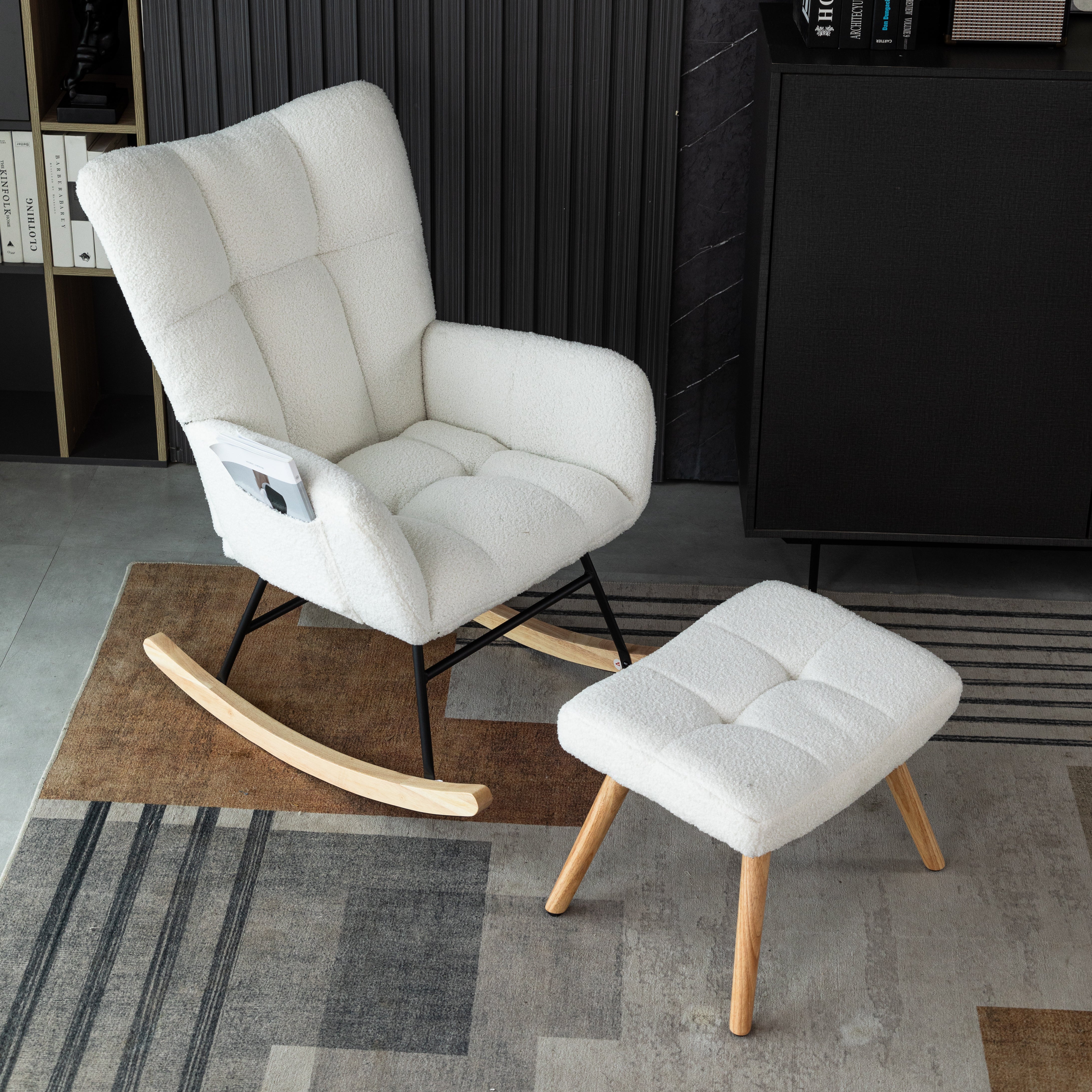 Fauteuil à bascule Rocking chair en tissu bouclette - avec repose-pieds - Blanc - 9