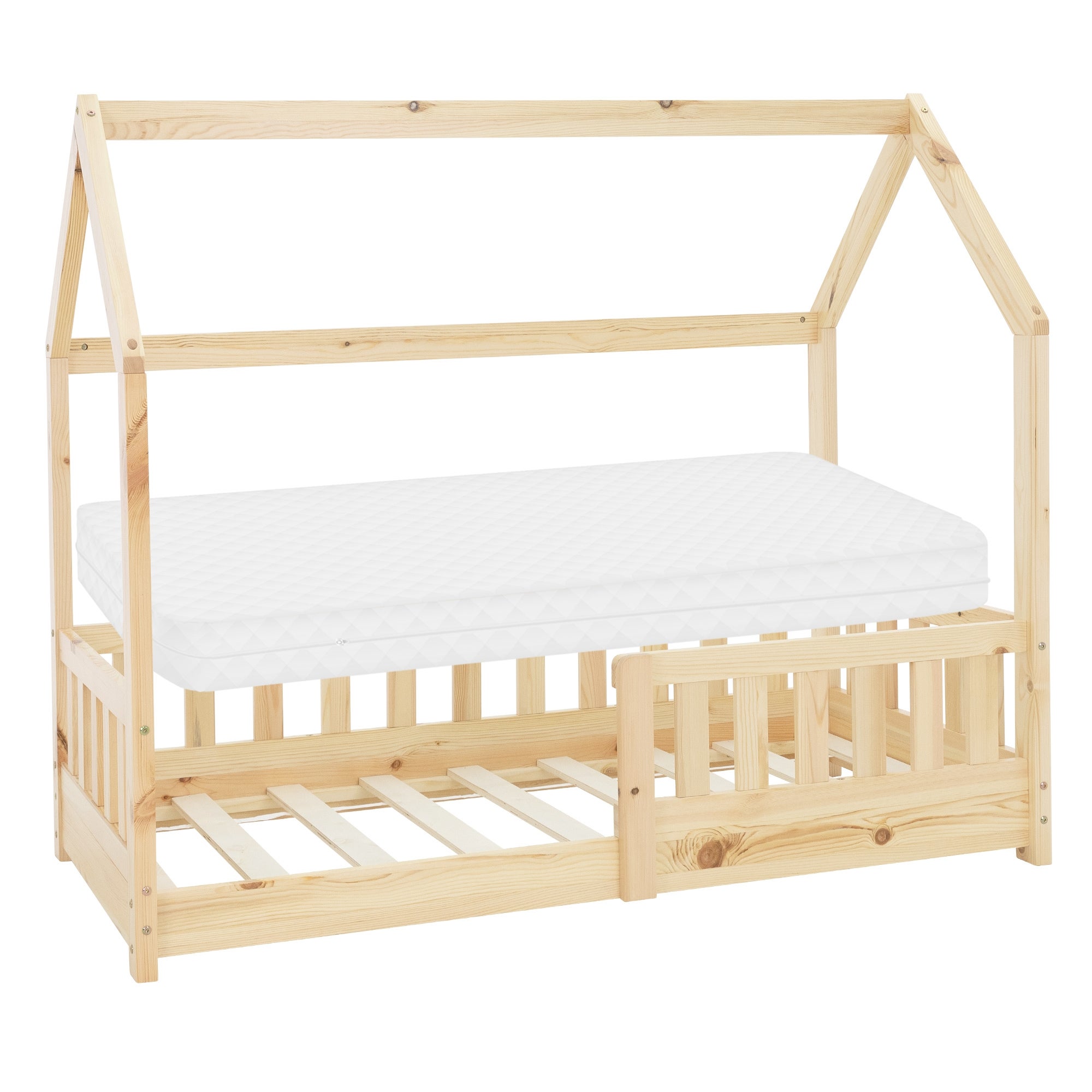 Lit cabane enfant 70x140 cm naturel en bois massif avec matelas, protection antichute, toit et sommier à lattes, couchage maisonnette - 4