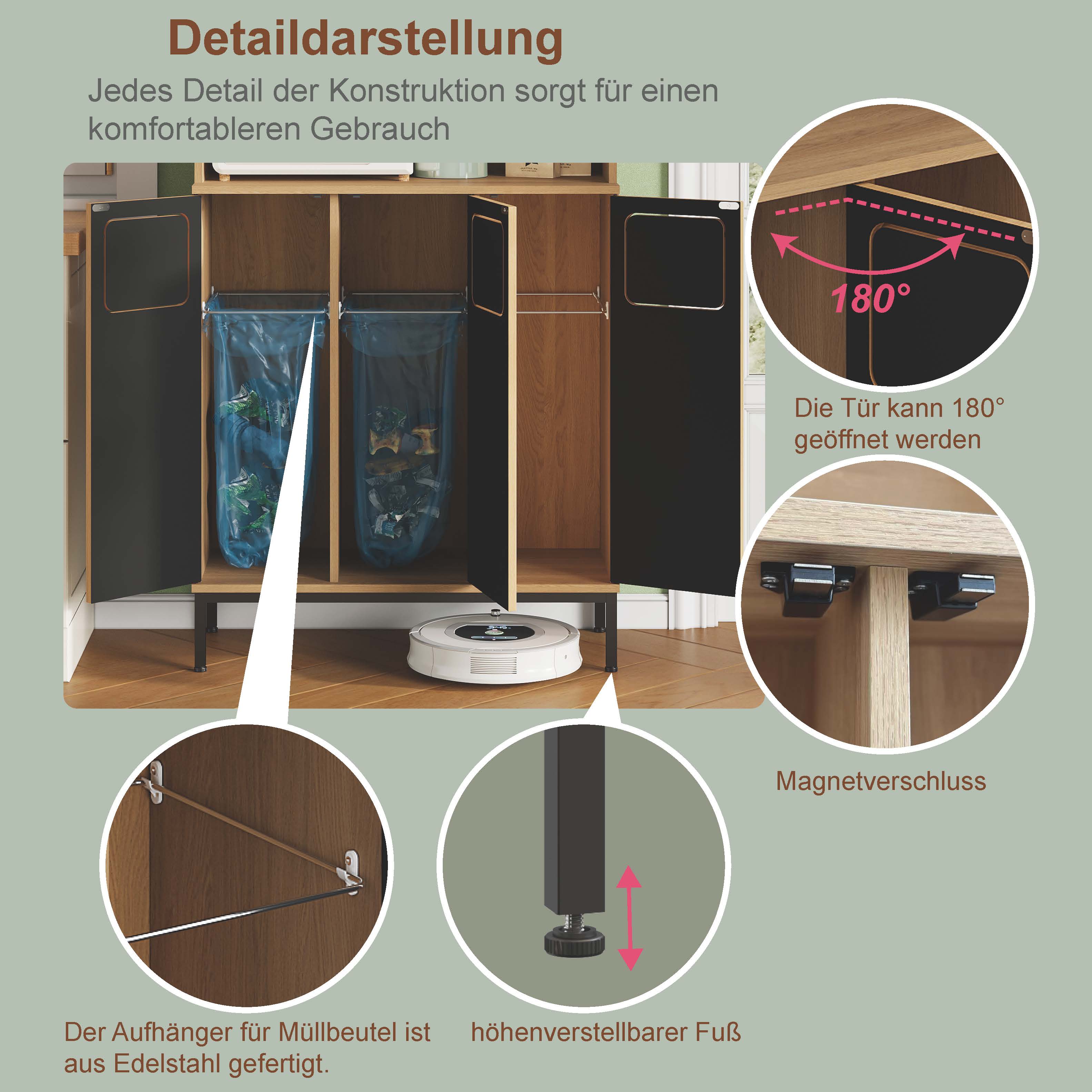 Armoire poubelles cuisine 3 portes tri sélectif hauteur 181 cm aspect chêne 3 compartiments micro-ondes aspirateur 80x35x181 cm - 6