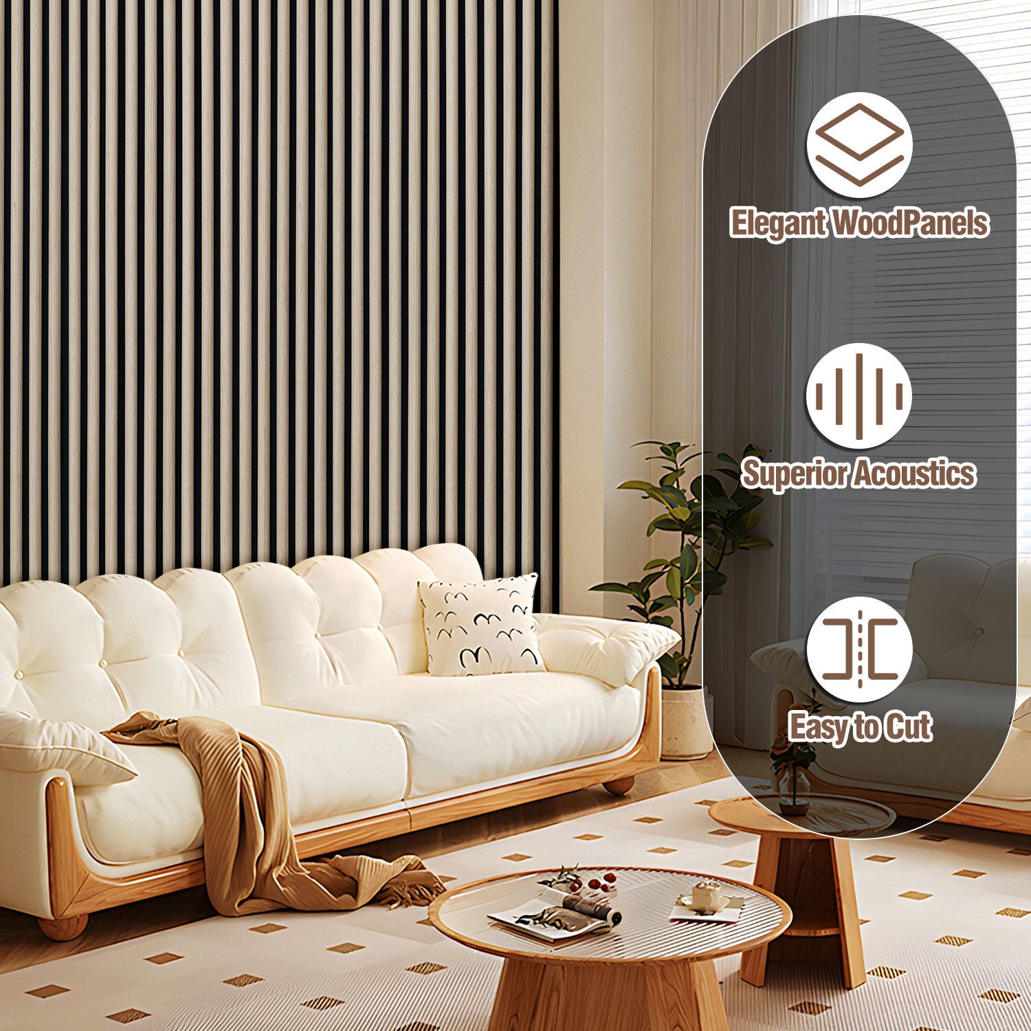 Lote de 4 paneles acústicos semicirculares para pared listones MDF madera moderna 120 x 60 x 2,1 cm - Panel MDF madera roble - 6