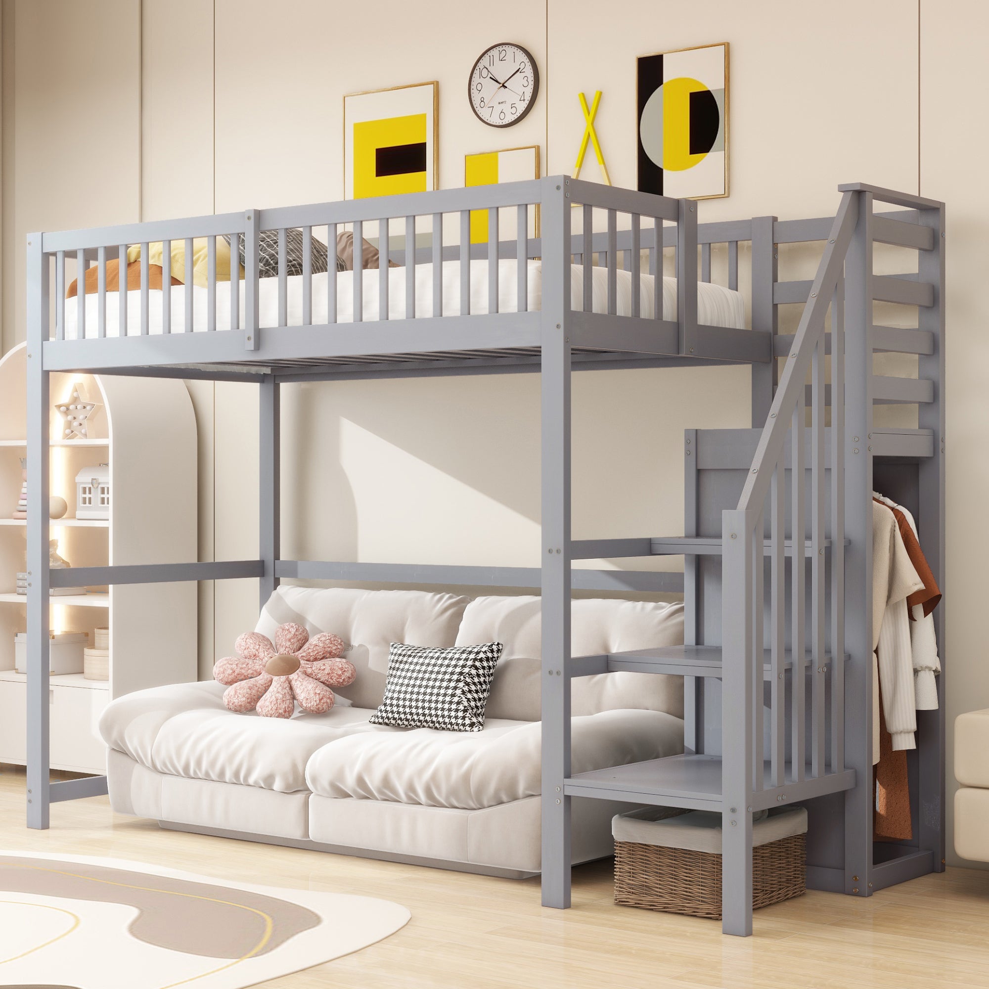 Lit mezzanine 90x200cm avec escalier, lit enfant en bois avec étagères de rangement,lit Multifonctionnel avec armoire simple, blanc - 2