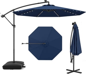 Parasol Déporté Ø300CM Parasol de Jardin Extérieur Inclinable 40 LED Solaires 8 Baleines, Grand Parasol avec Pied pour Terrasse Plage Cour (Bleu)