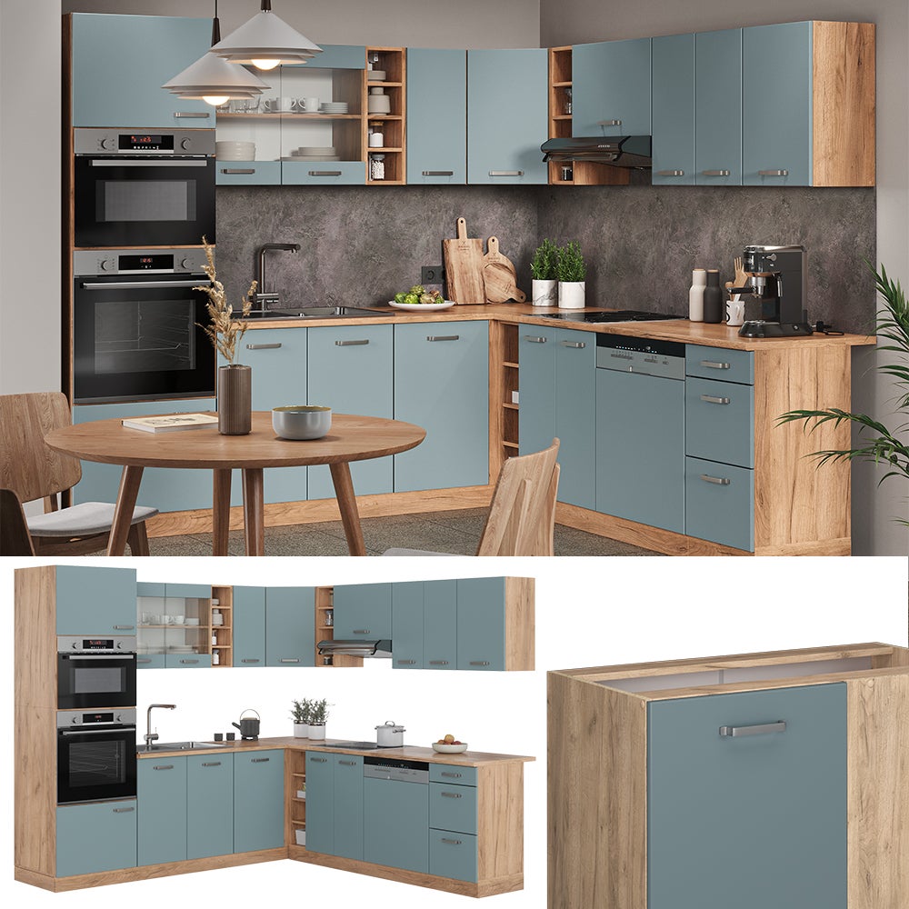 Vicco Cuisine en angle R-Line, Bleu-gris/Chêne de force doré, 247 x 237 cm, PT Chêne - 5