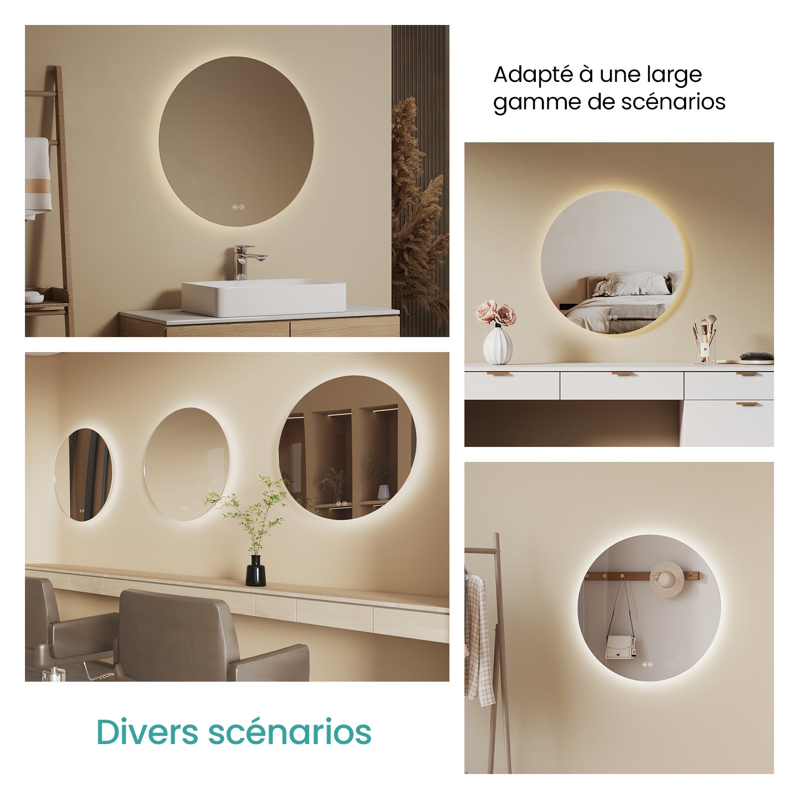 EMKE Miroir de Salle de Bain LED Rond Ø 80 cm, Sans Cadre, 3 Couleurs, Intensité Réglable, Design Épuré - 6