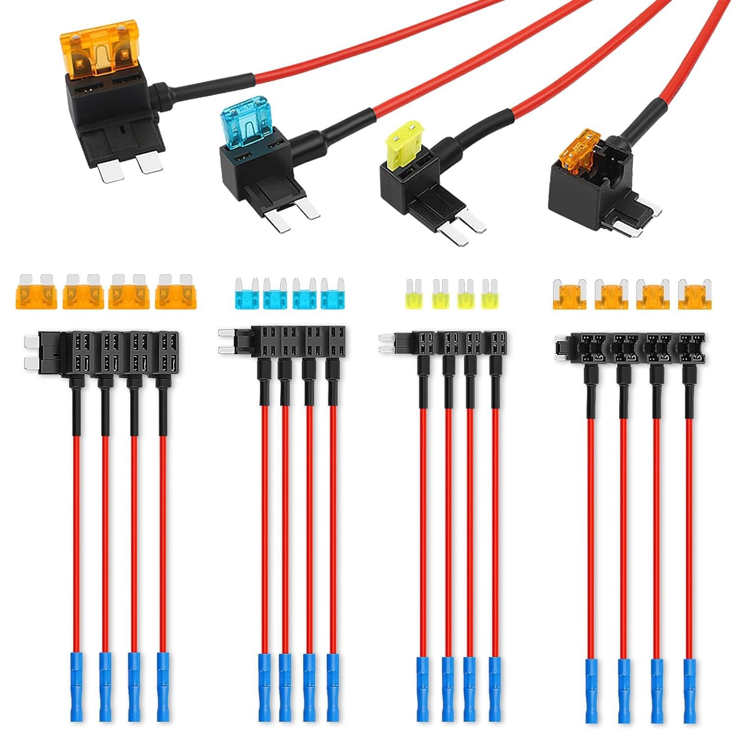 4 szt. Mini Adapter Bezpiecznika Samochodowego 12V, Gniazdo z 16 szt. Mini Bezpiecznikami Płytkowymi (2A 3A 5A 7.5A 10A 15A 20A)