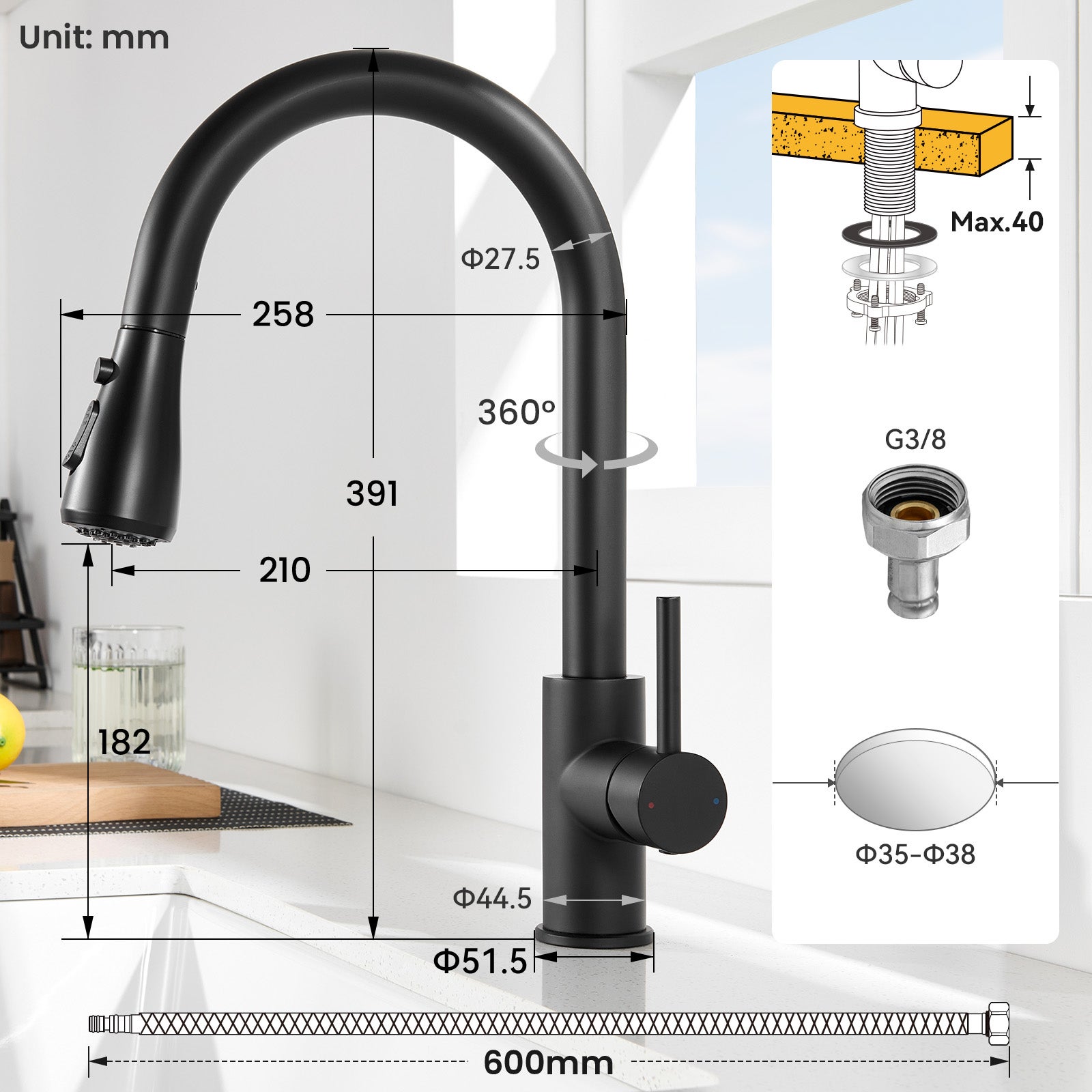 Mitigeur de Cuisine avec Douchette Extractible - Robinet Cuisine Noir Mitigeur d'Évier avec 2 Modes de Sortie D'eau - 4